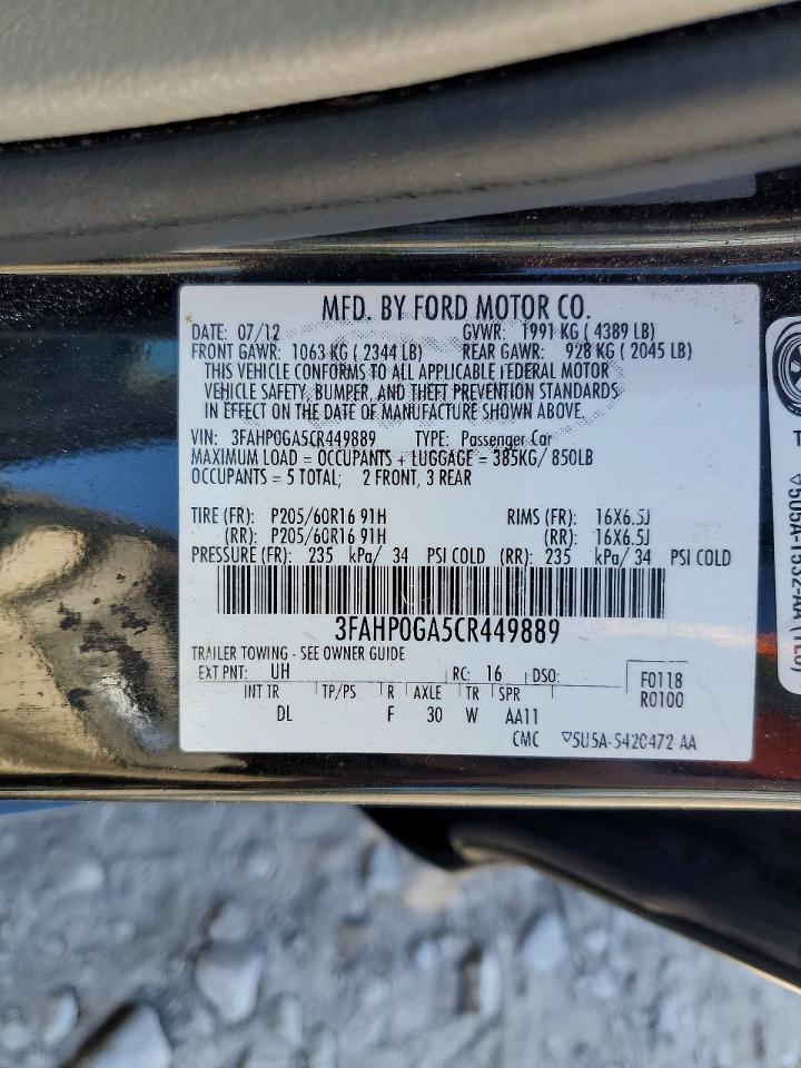 2012 Ford Fusion S Black vin: 3FAHP0GA5CR449889