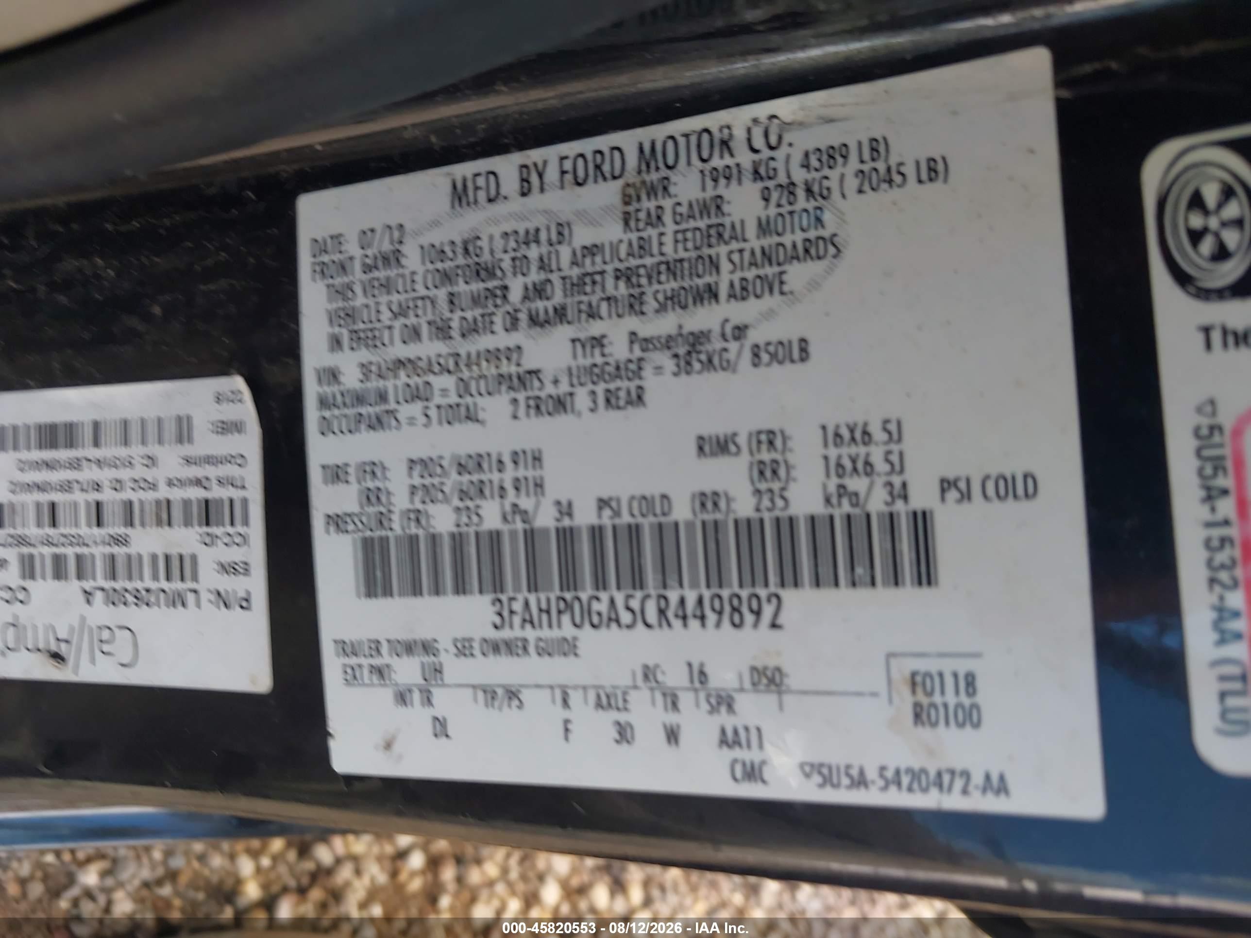 2012 Ford Fusion S Black vin: 3FAHP0GA5CR449892