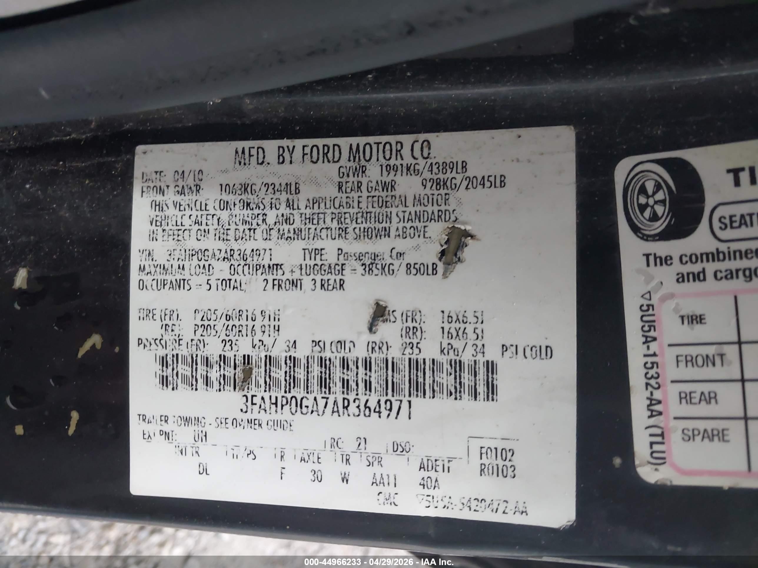 2010 Ford Fusion S Black vin: 3FAHP0GA7AR364971