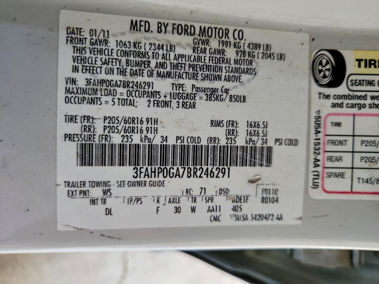 2011 Ford Fusion S Белый vin: 3FAHP0GA7BR246291