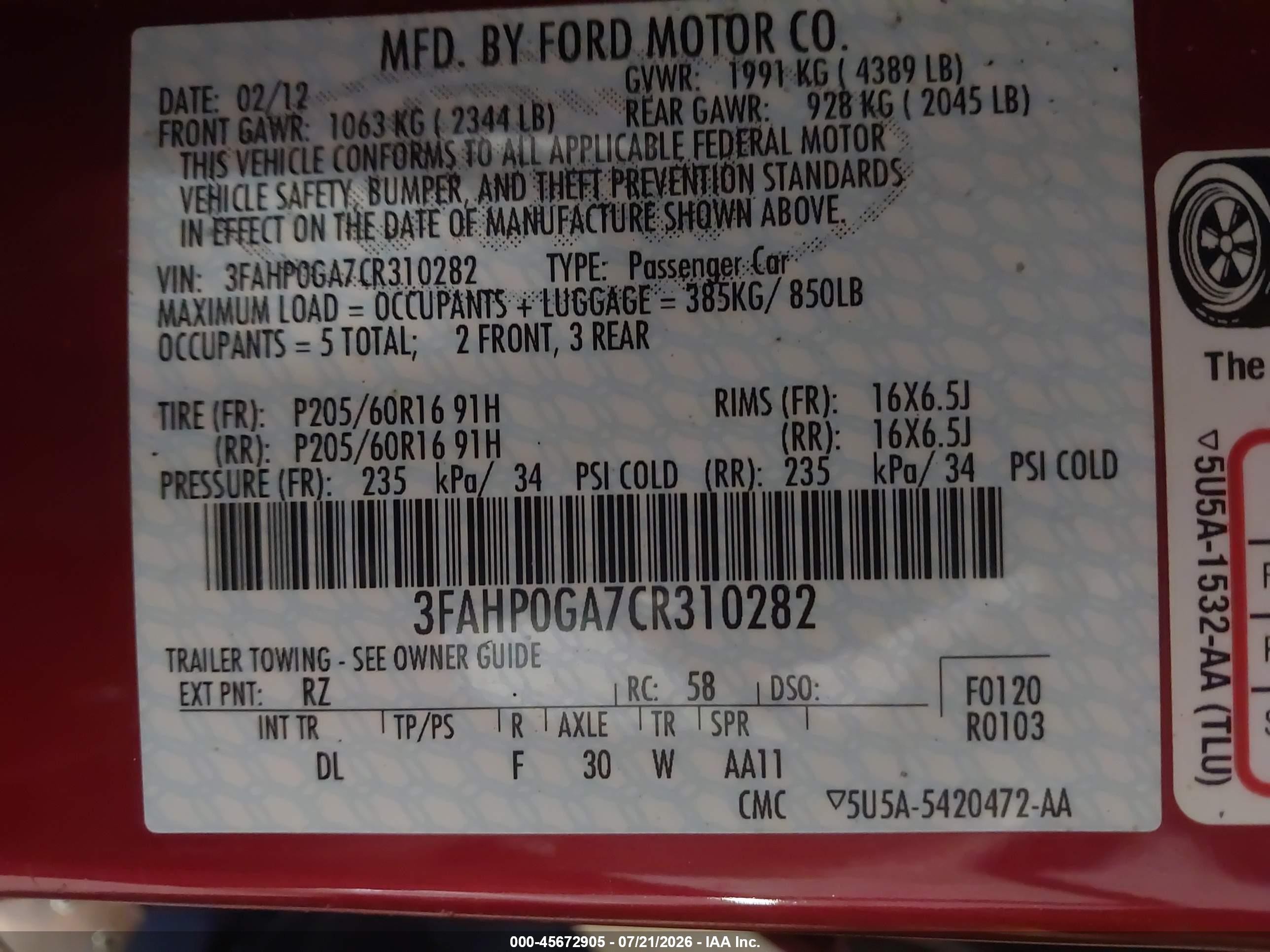 2012 Ford Fusion S Red vin: 3FAHP0GA7CR310282