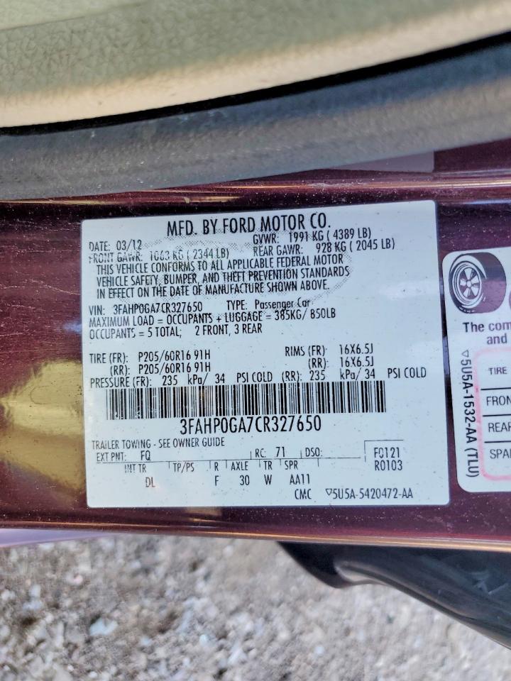 2012 Ford Fusion S Burgundy vin: 3FAHP0GA7CR327650