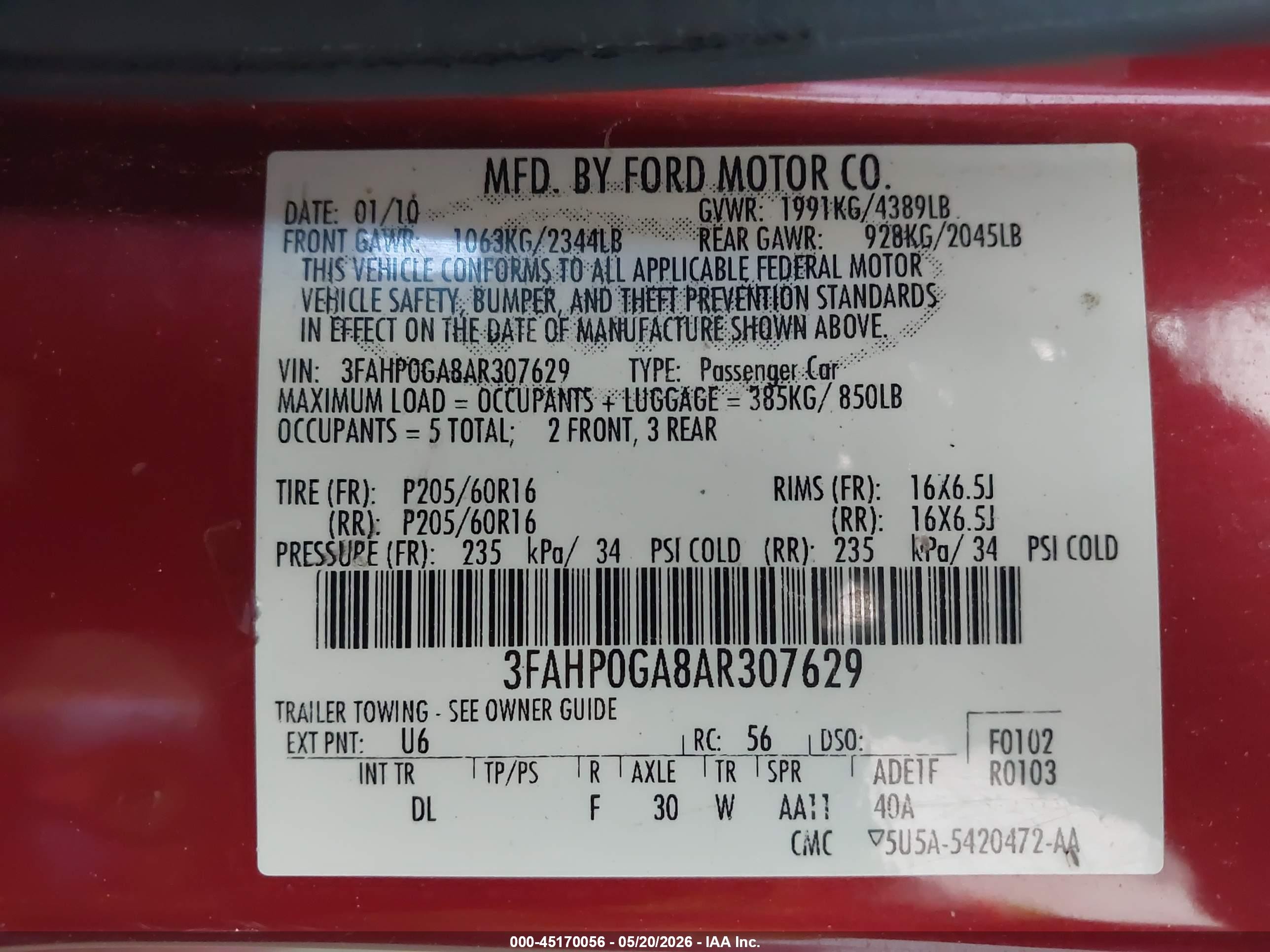 2010 Ford Fusion S Red vin: 3FAHP0GA8AR307629