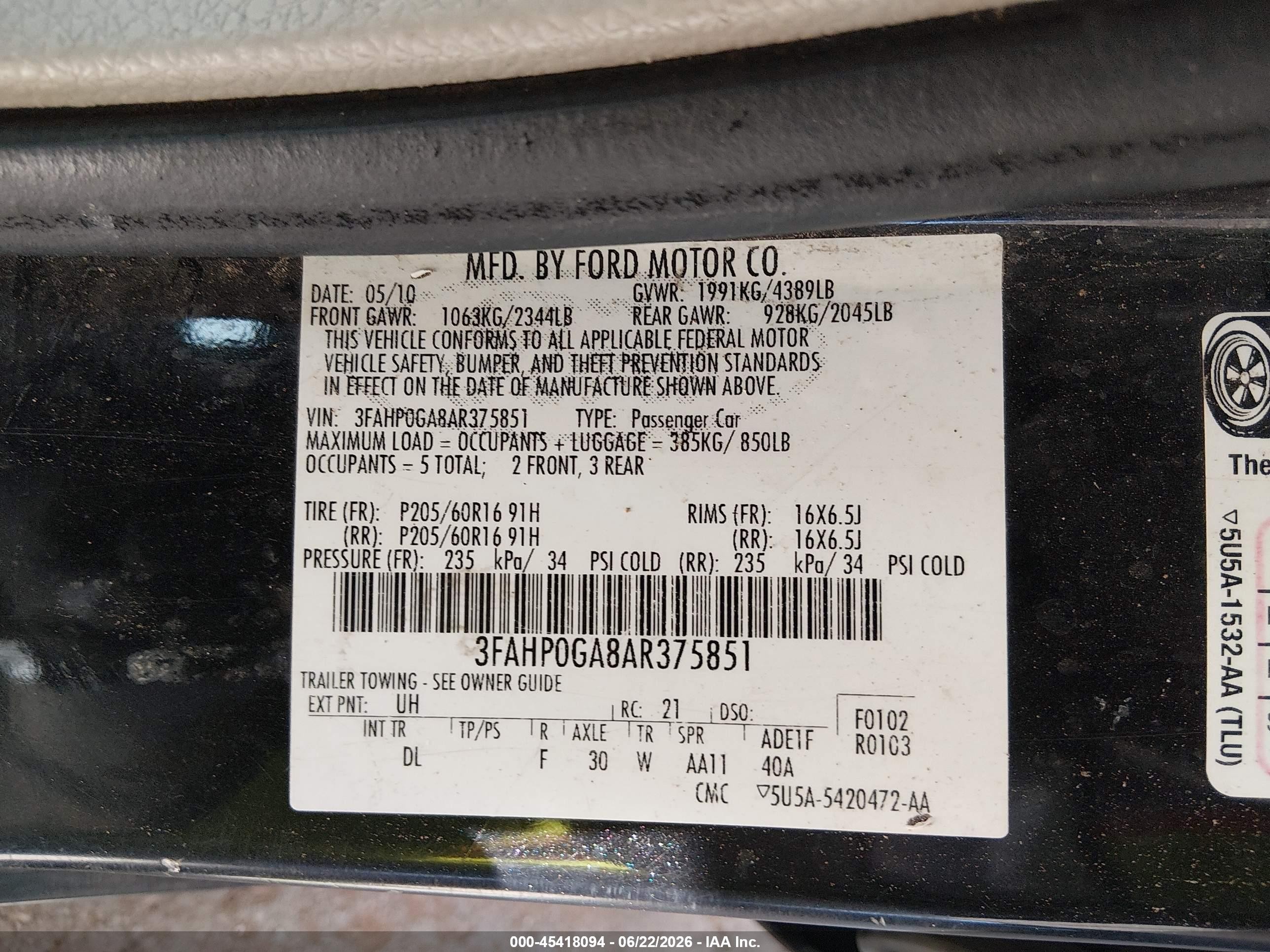 2010 Ford Fusion S Black vin: 3FAHP0GA8AR375851
