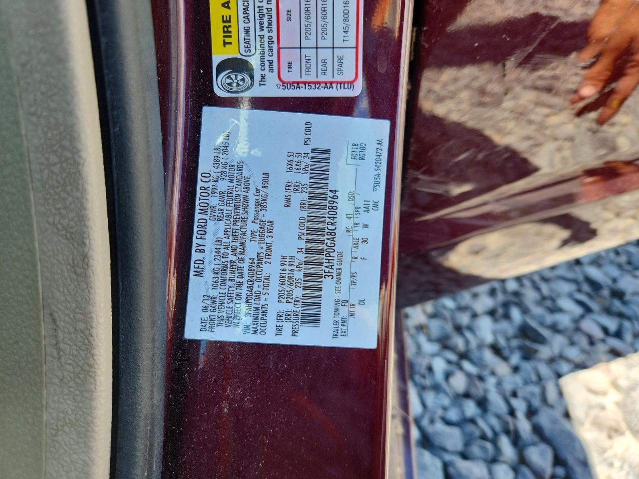 2012 Ford Fusion S Maroon vin: 3FAHP0GA8CR408964