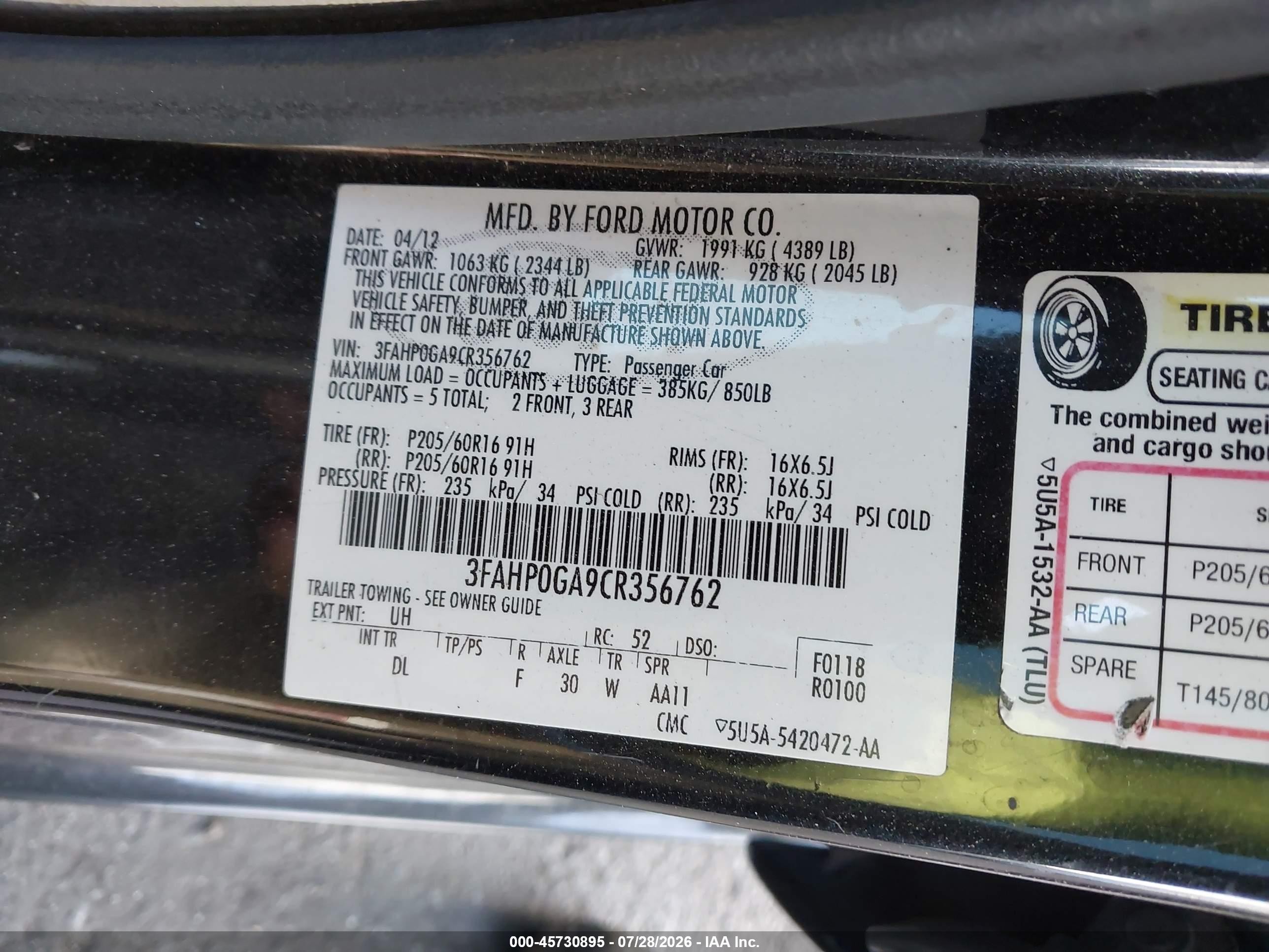 2012 Ford Fusion S Black vin: 3FAHP0GA9CR356762