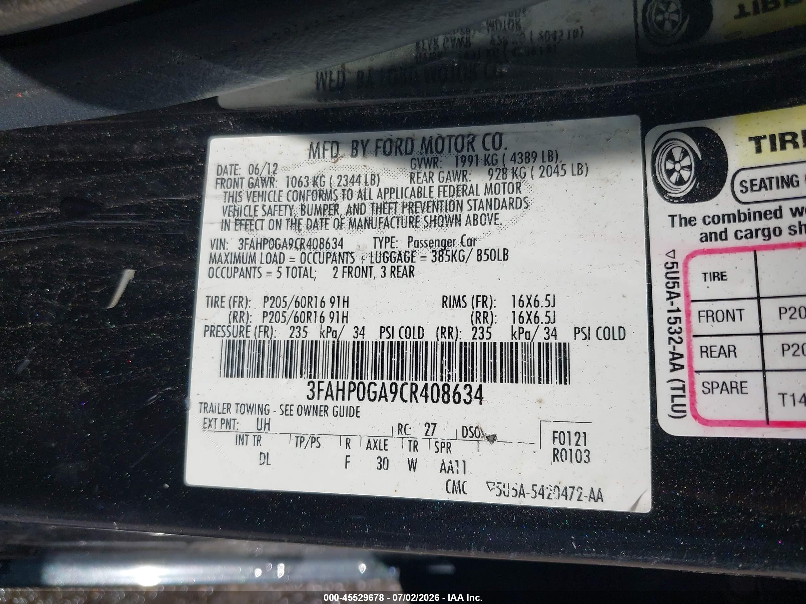 2012 Ford Fusion S Black vin: 3FAHP0GA9CR408634