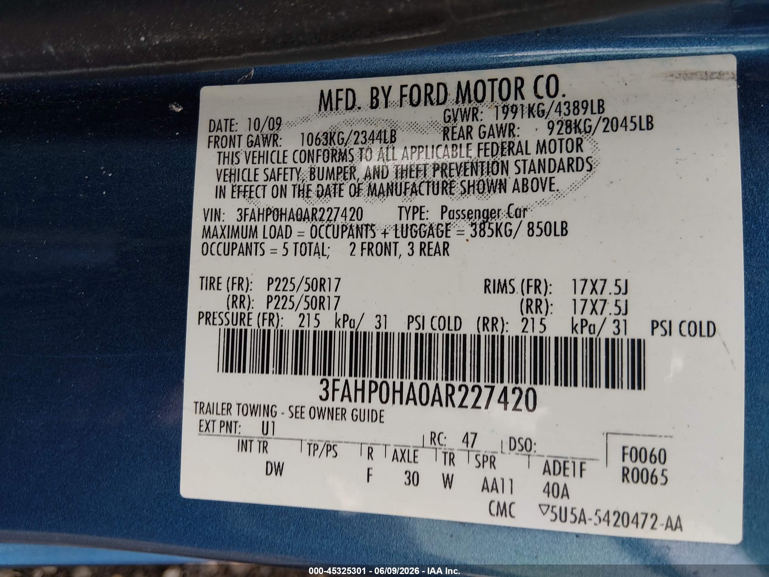 2010 Ford Fusion Se Blue vin: 3FAHP0HA0AR227420