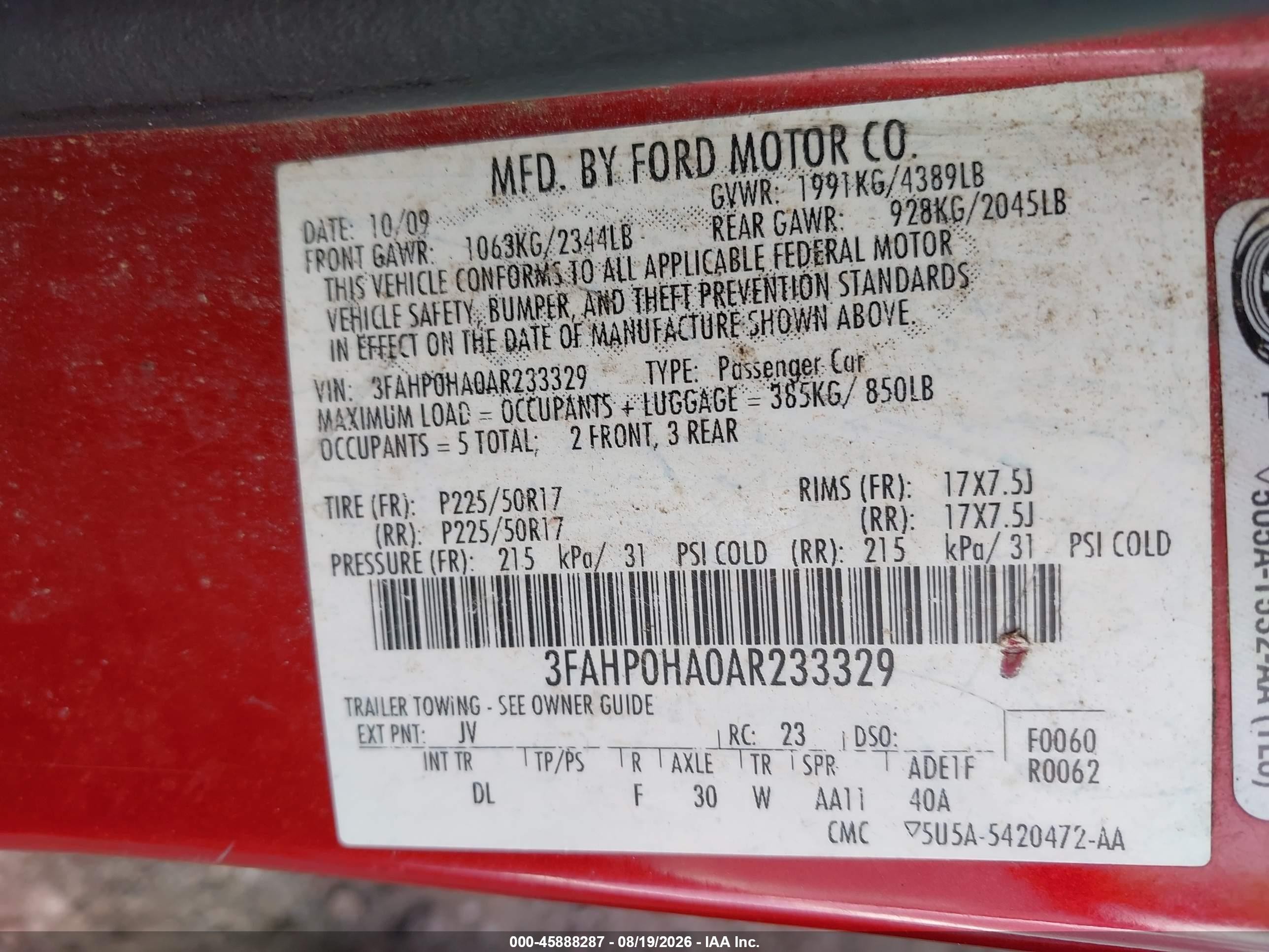 2010 Ford Fusion Se Red vin: 3FAHP0HA0AR233329