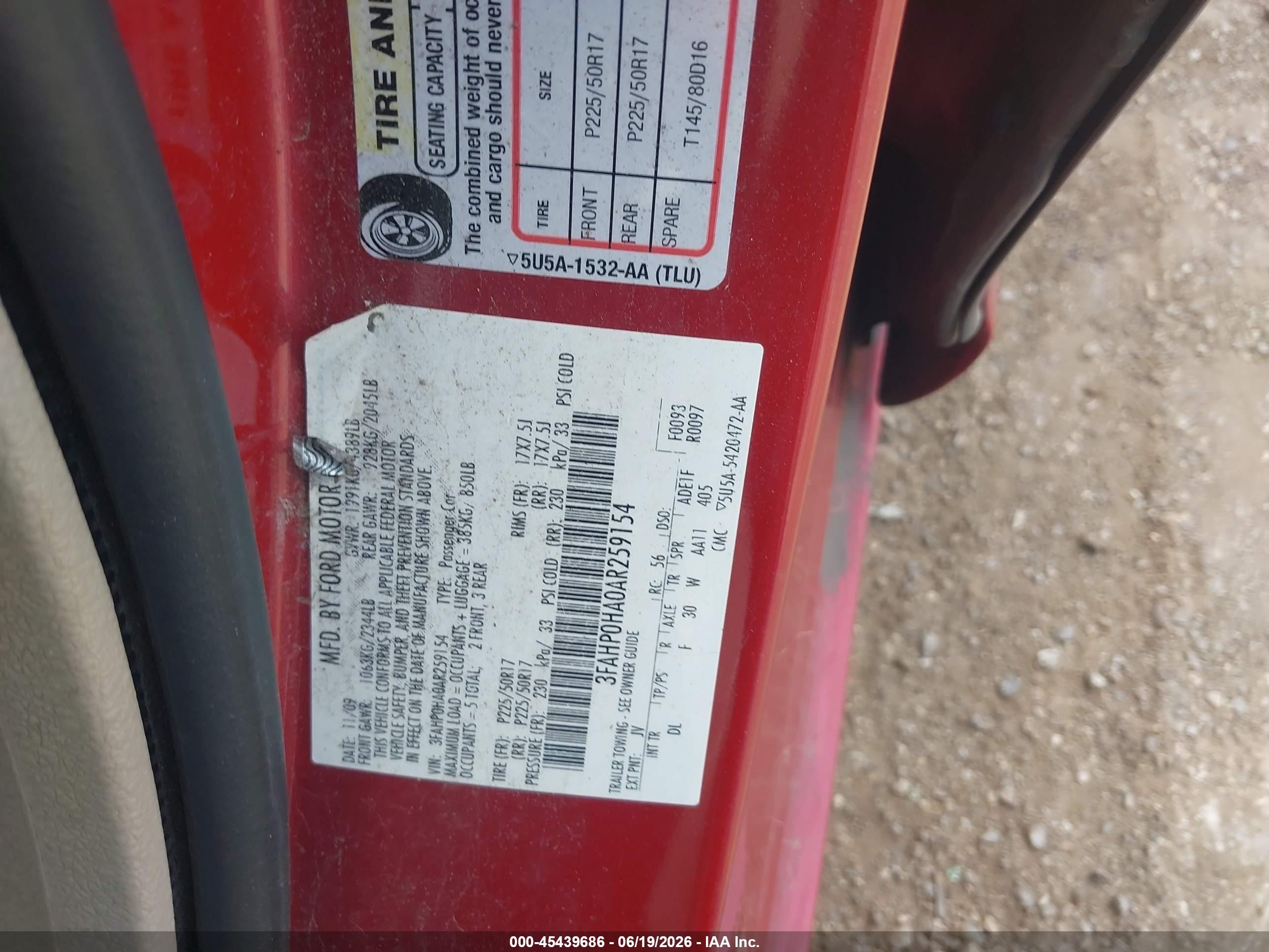 2010 Ford Fusion Se Red vin: 3FAHP0HA0AR259154