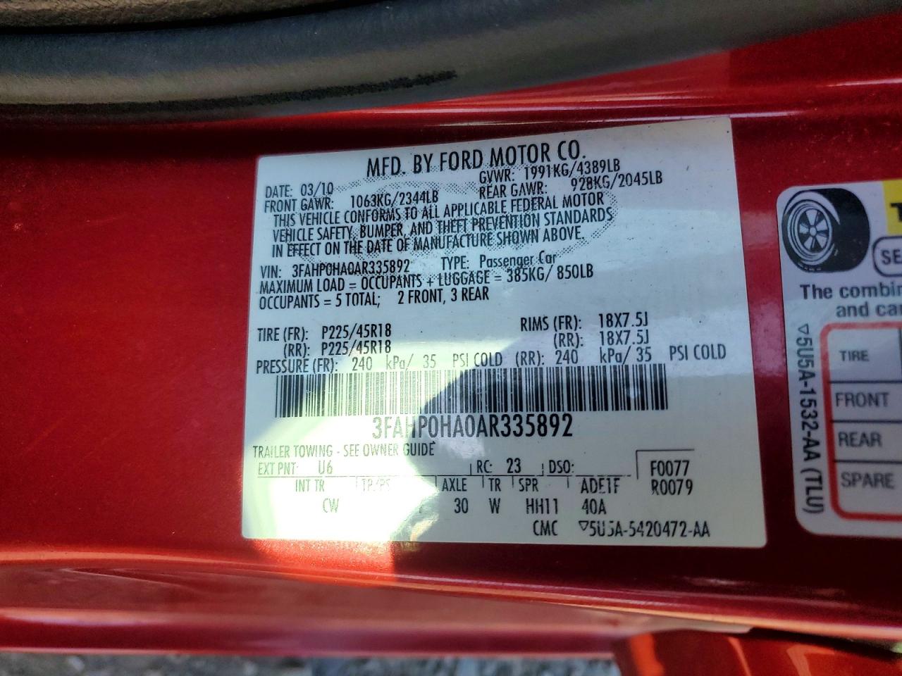 2010 Ford Fusion Se Burgundy vin: 3FAHP0HA0AR335892