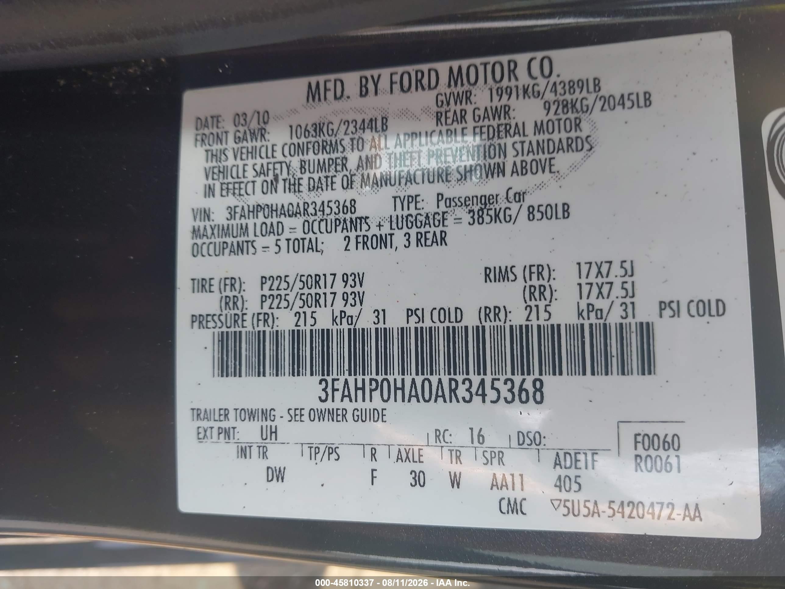 2010 Ford Fusion Se Black vin: 3FAHP0HA0AR345368