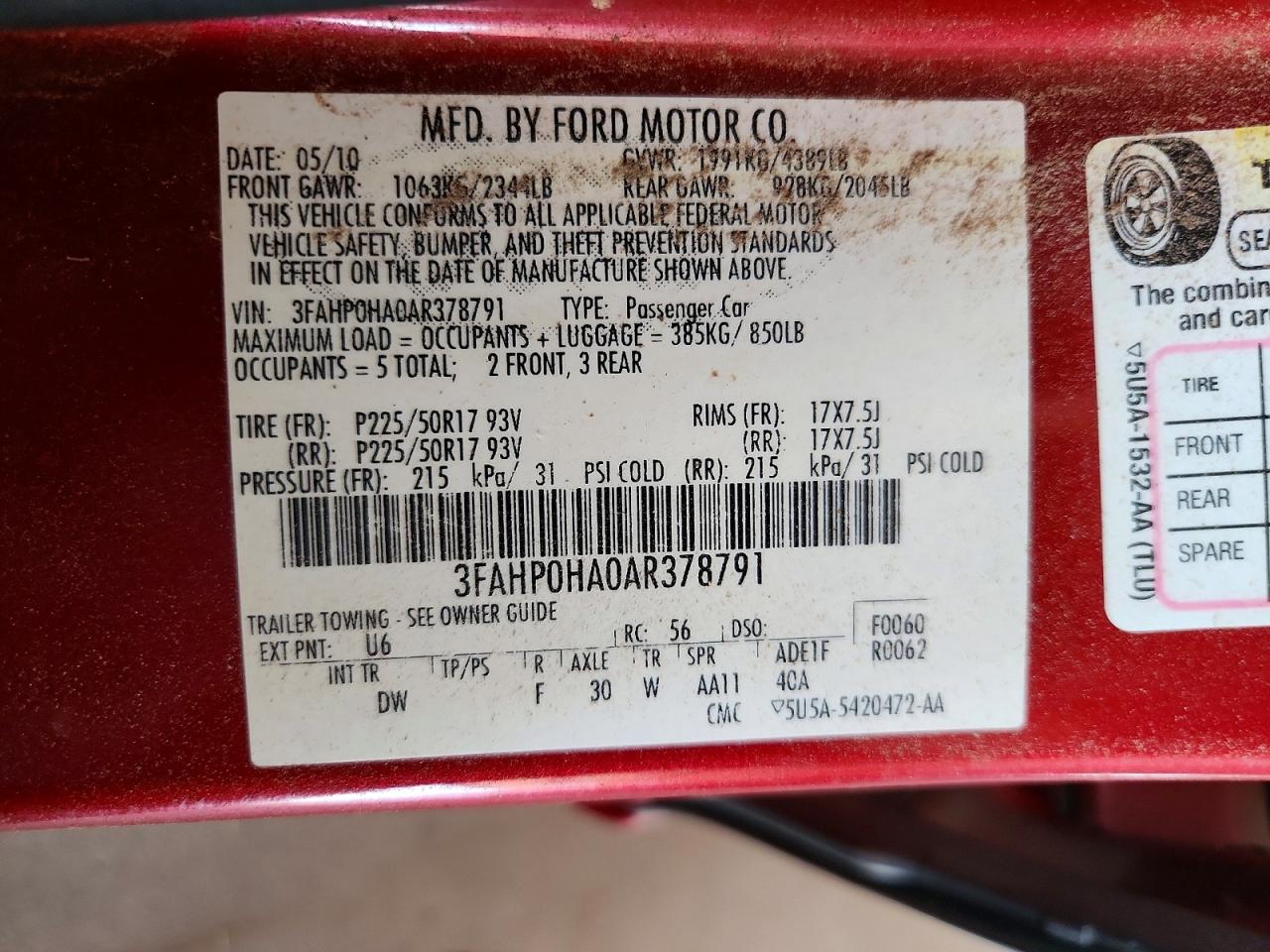 2010 Ford Fusion Se Red vin: 3FAHP0HA0AR378791