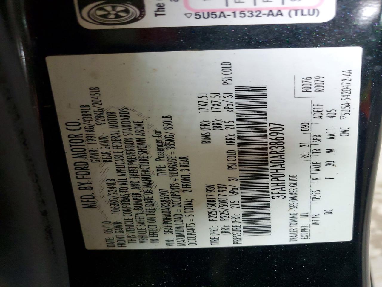 2010 Ford Fusion Se Teal vin: 3FAHP0HA0AR386907