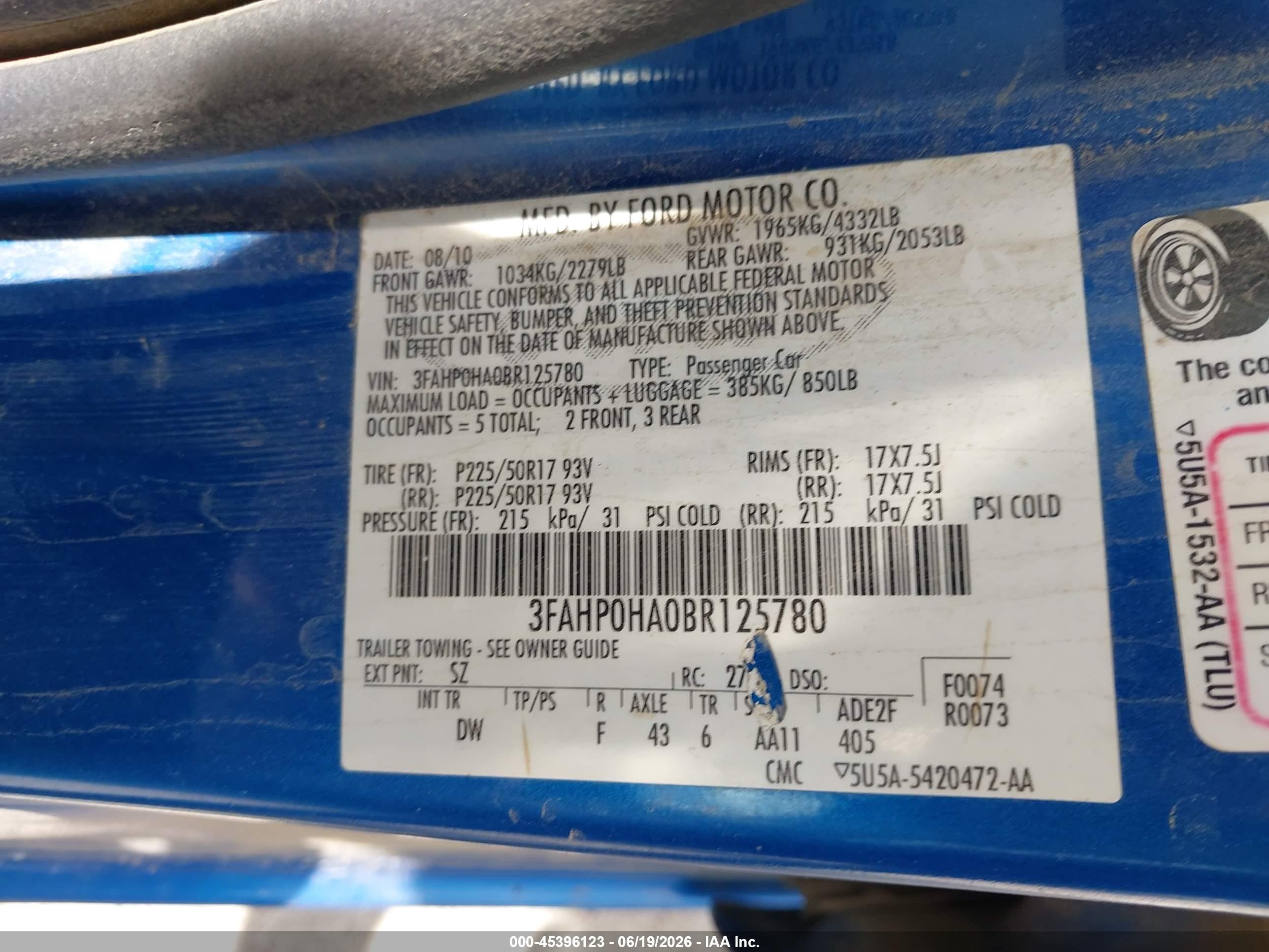 2011 Ford Fusion Se Blue vin: 3FAHP0HA0BR125780