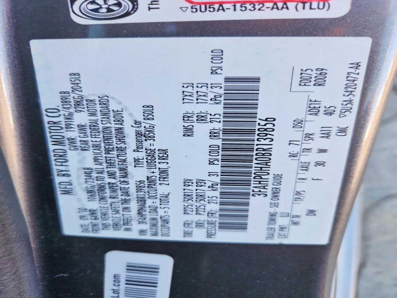 2011 Ford Fusion Se Charcoal vin: 3FAHP0HA0BR139856