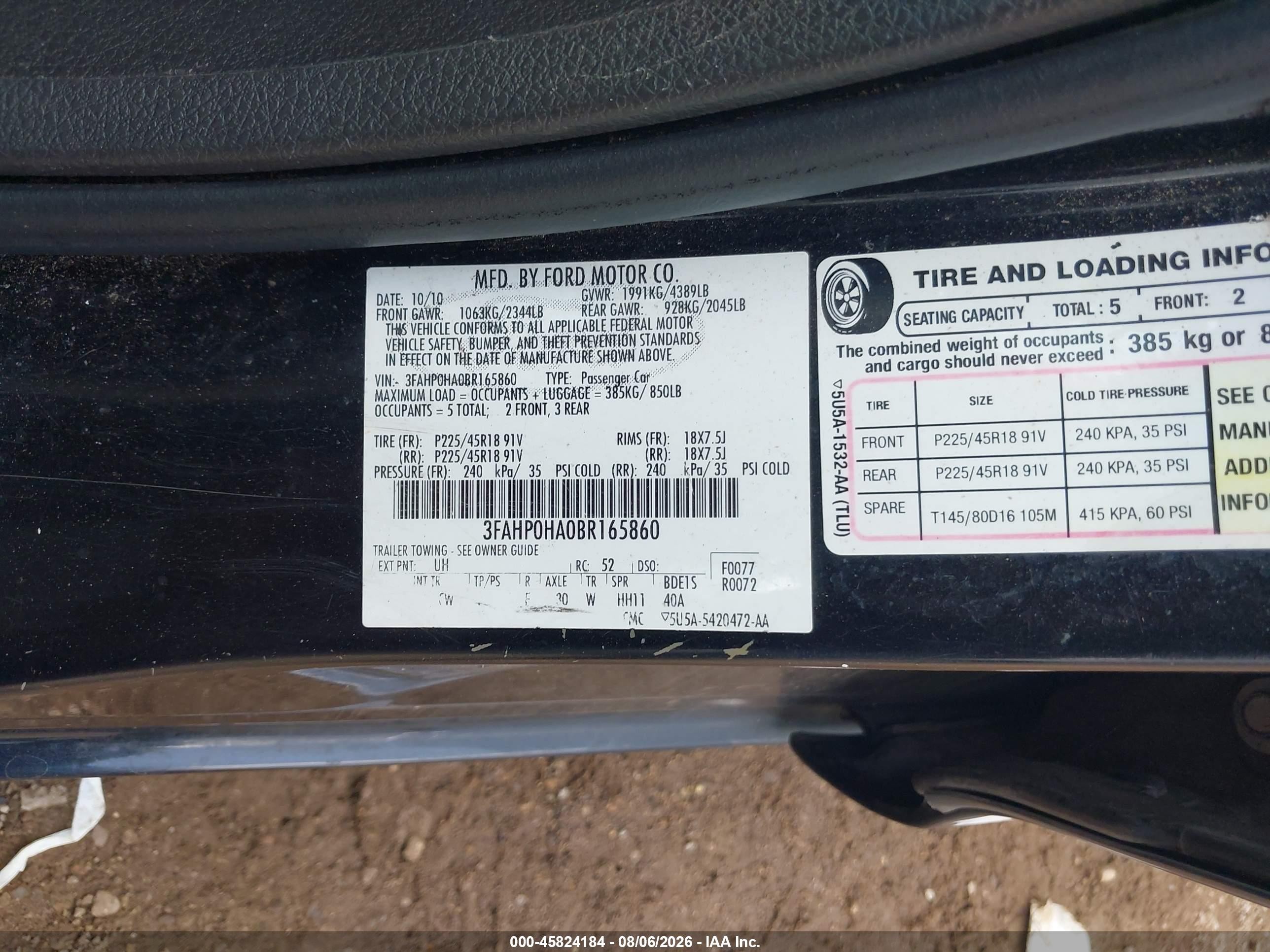 2011 Ford Fusion Se Black vin: 3FAHP0HA0BR165860