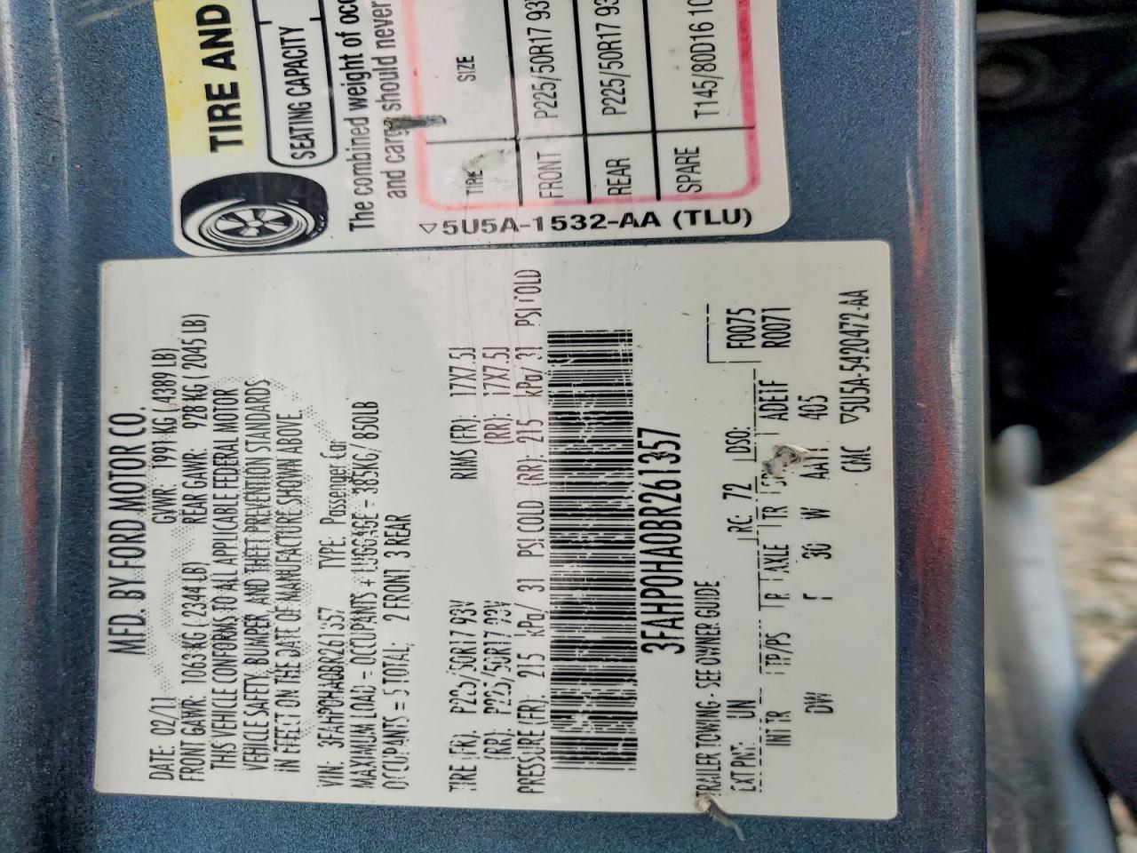 2011 Ford Fusion Se Two Tone vin: 3FAHP0HA0BR261357