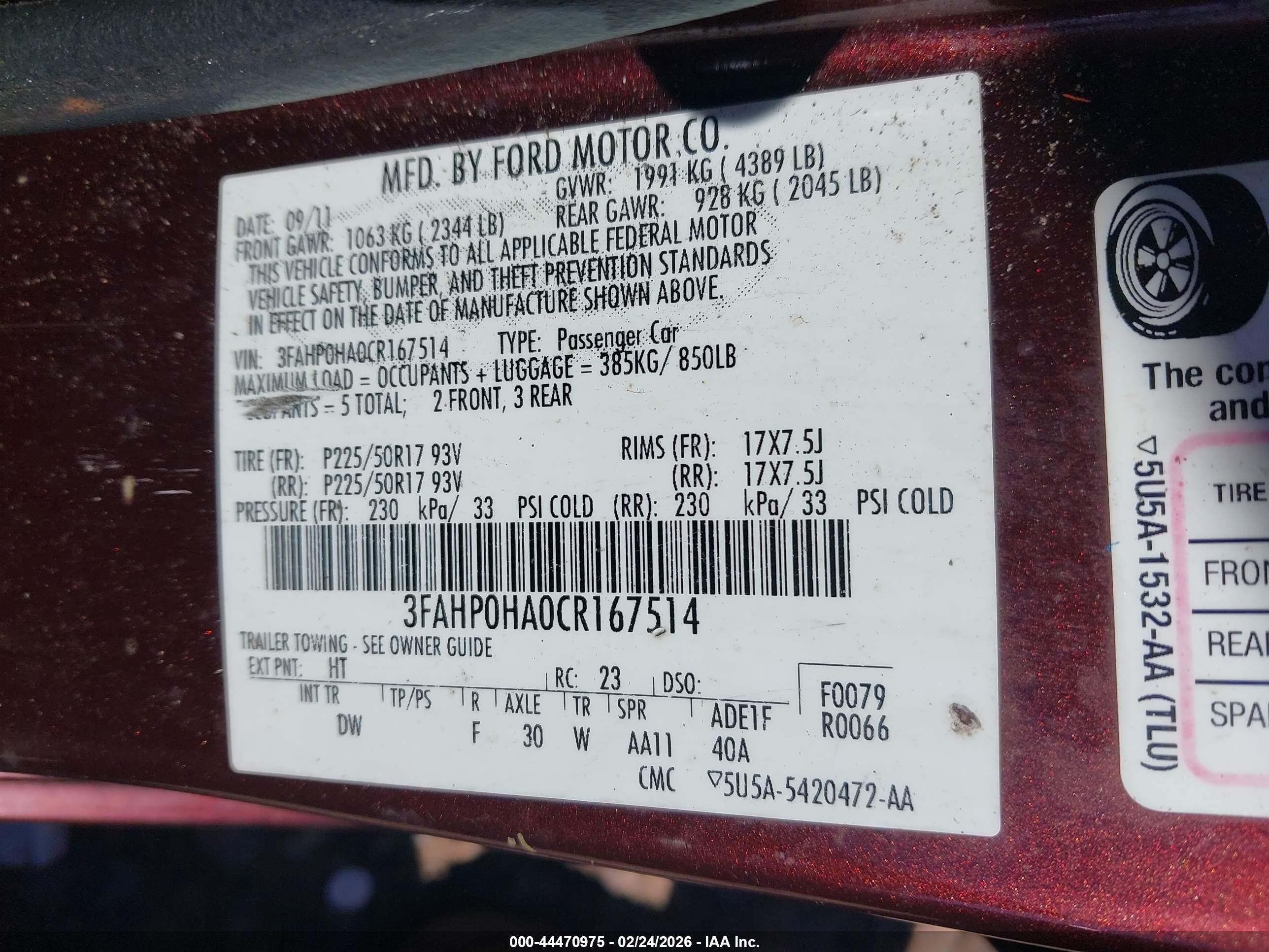 2012 Ford Fusion Se Burgundy vin: 3FAHP0HA0CR167514