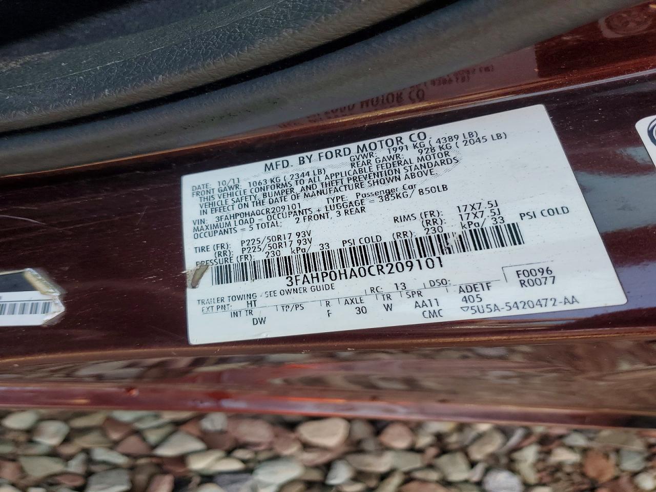 2012 Ford Fusion Se Burgundy vin: 3FAHP0HA0CR209101