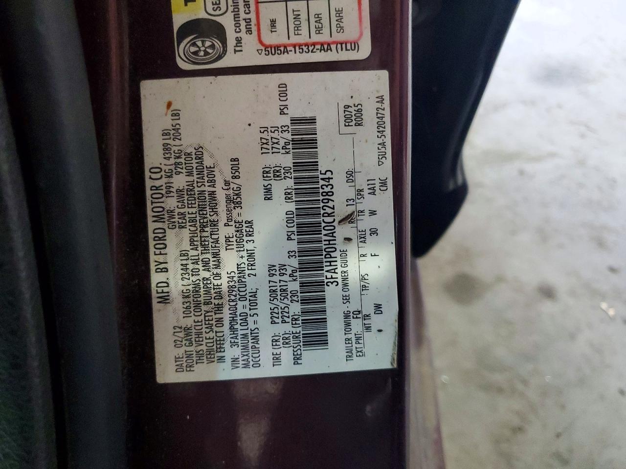 2012 Ford Fusion Se Burgundy vin: 3FAHP0HA0CR298345