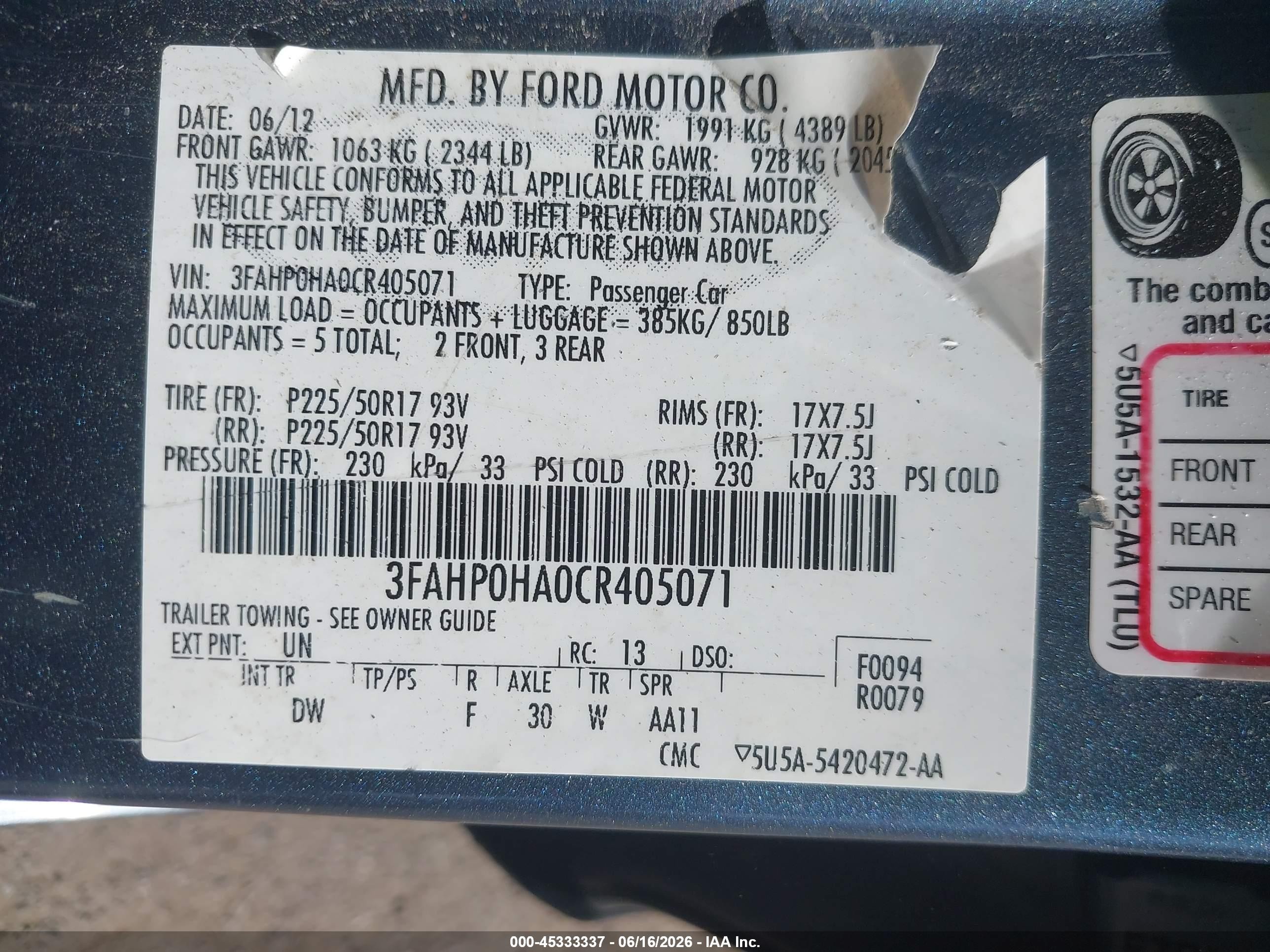 2012 Ford Fusion Se Light Blue vin: 3FAHP0HA0CR405071