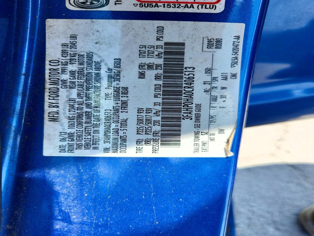 2012 Ford Fusion Se Blue vin: 3FAHP0HA0CR406513