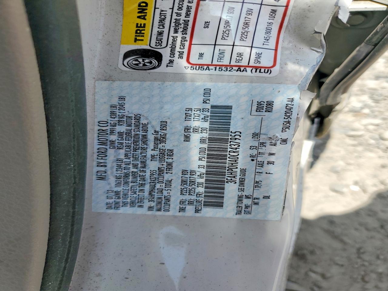 2012 Ford Fusion Se White vin: 3FAHP0HA0CR437955