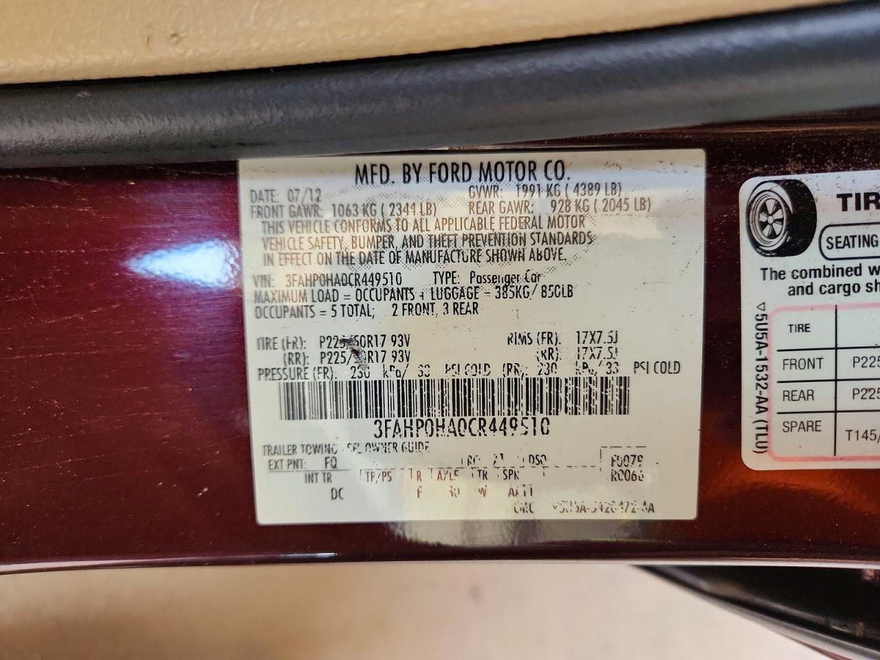 2012 Ford Fusion Se Purple vin: 3FAHP0HA0CR449510