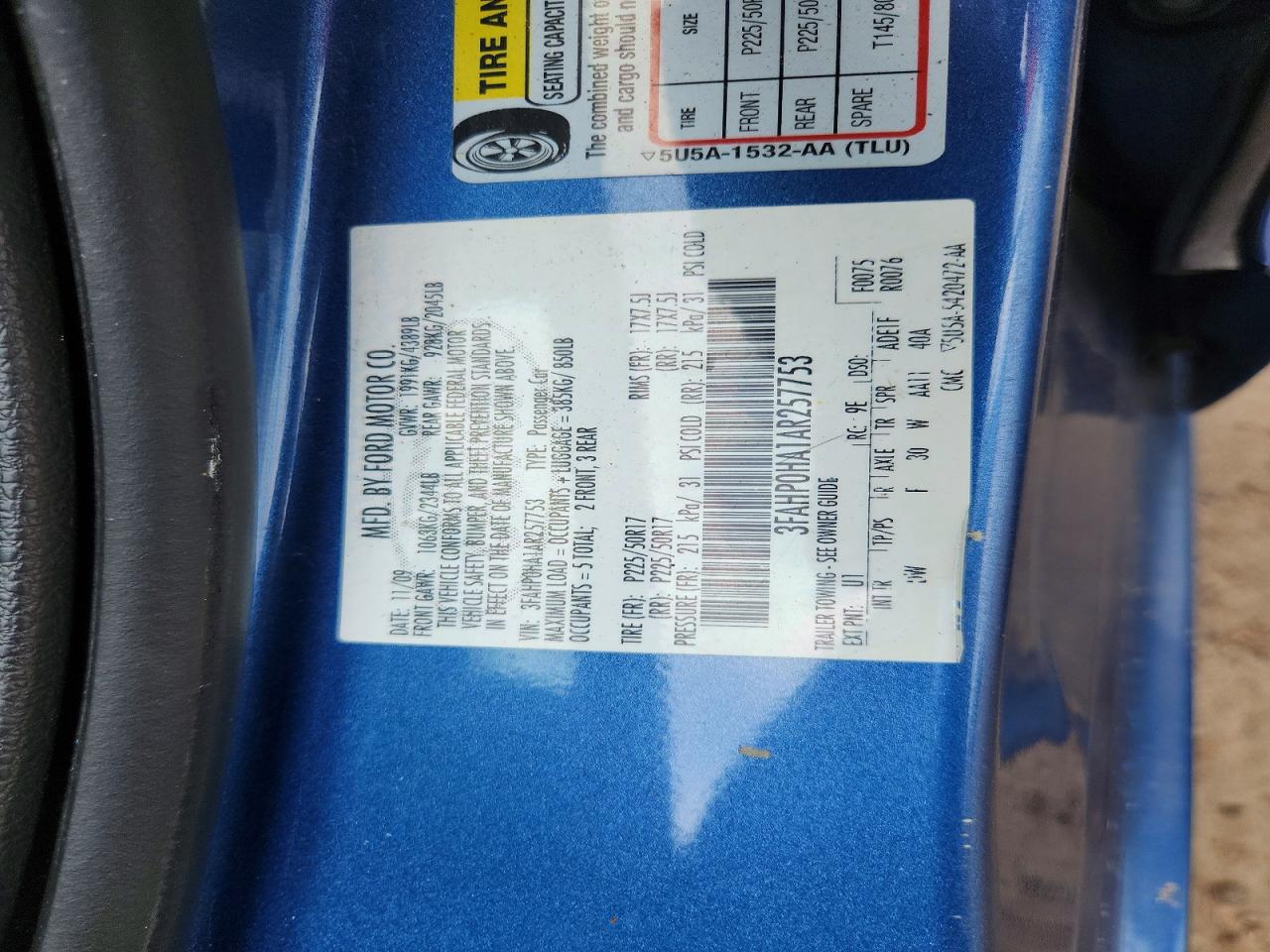 2010 Ford Fusion Se Blue vin: 3FAHP0HA1AR257753