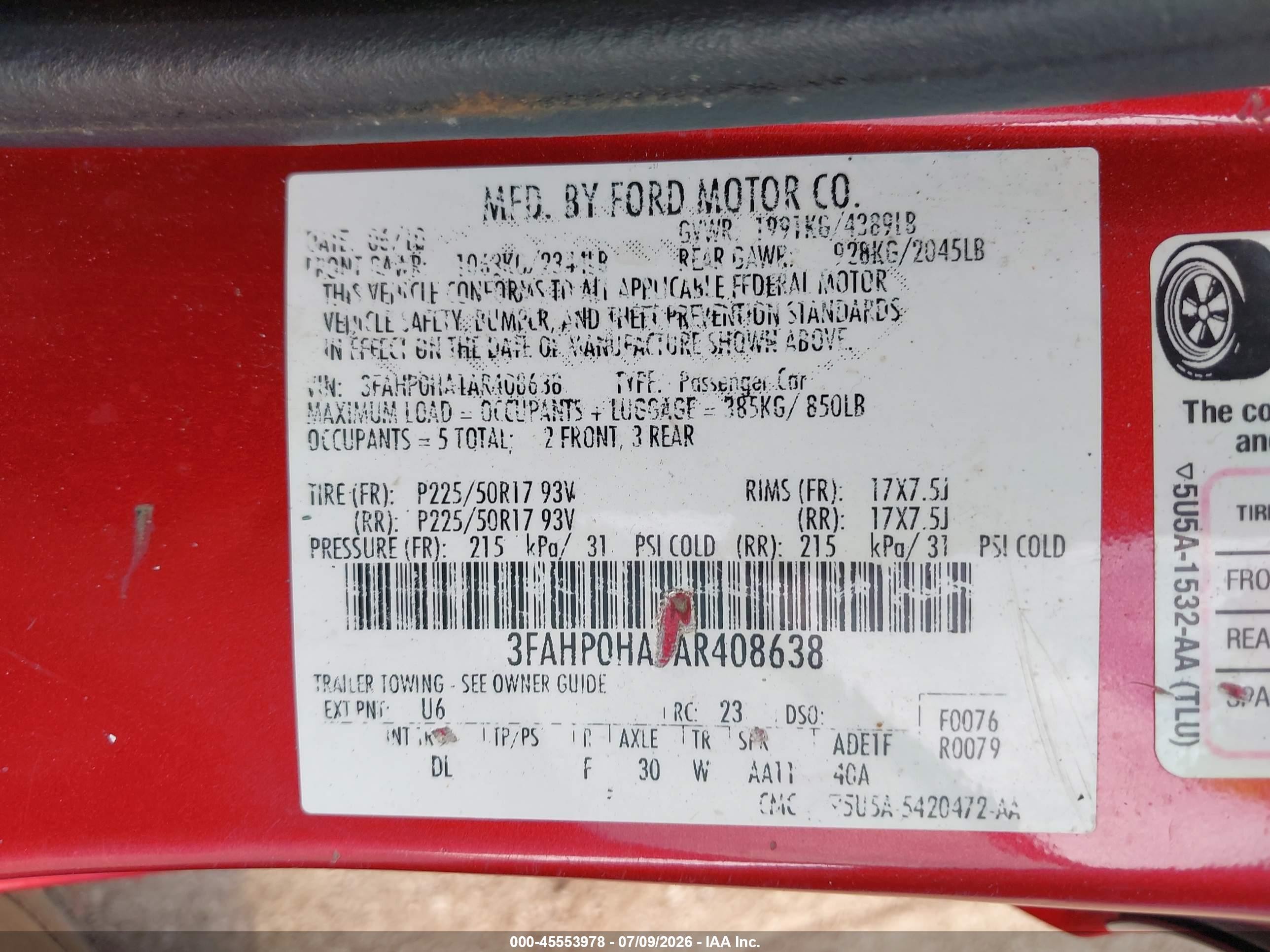 2010 Ford Fusion Se Red vin: 3FAHP0HA1AR408638