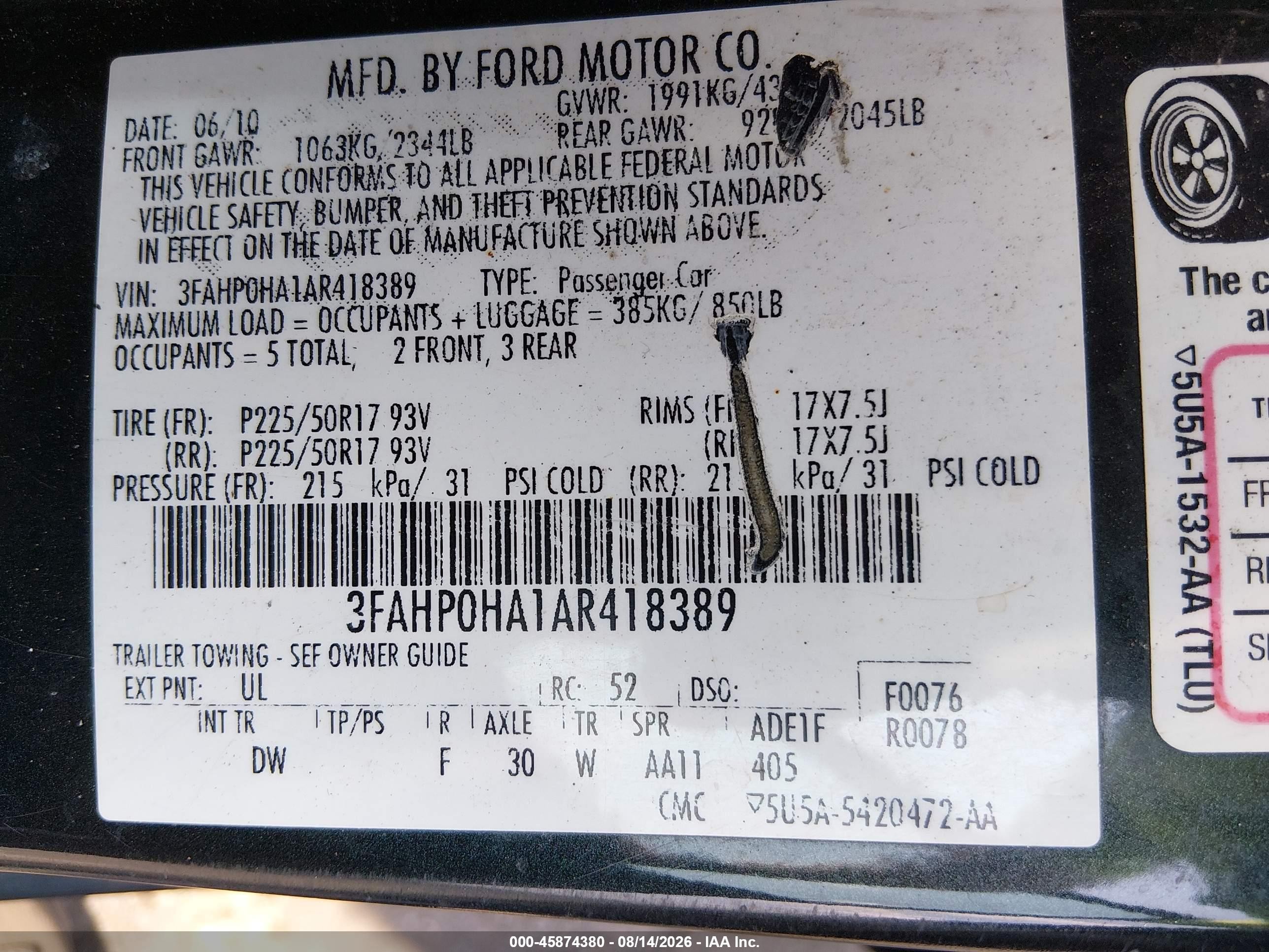2010 Ford Fusion Se Black vin: 3FAHP0HA1AR418389