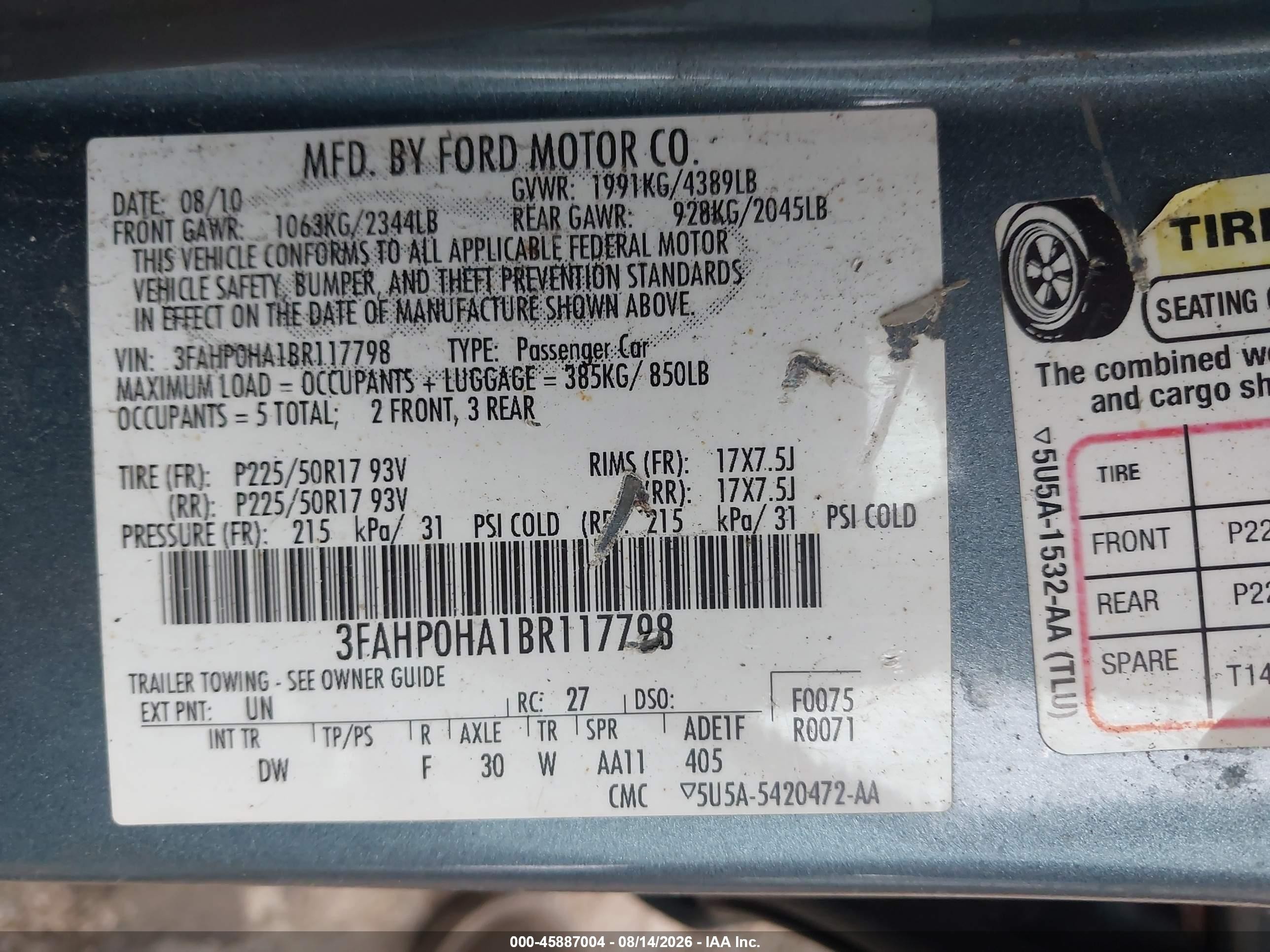 2011 Ford Fusion Se Light Blue vin: 3FAHP0HA1BR117798