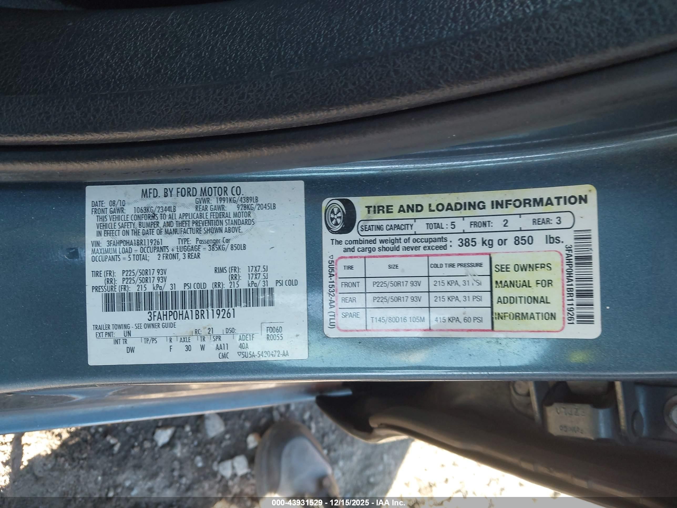2011 Ford Fusion Se Бирюзовый vin: 3FAHP0HA1BR119261