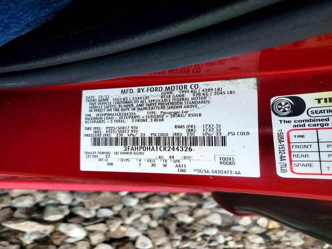 2012 Ford Fusion Se Red vin: 3FAHP0HA1CR244326