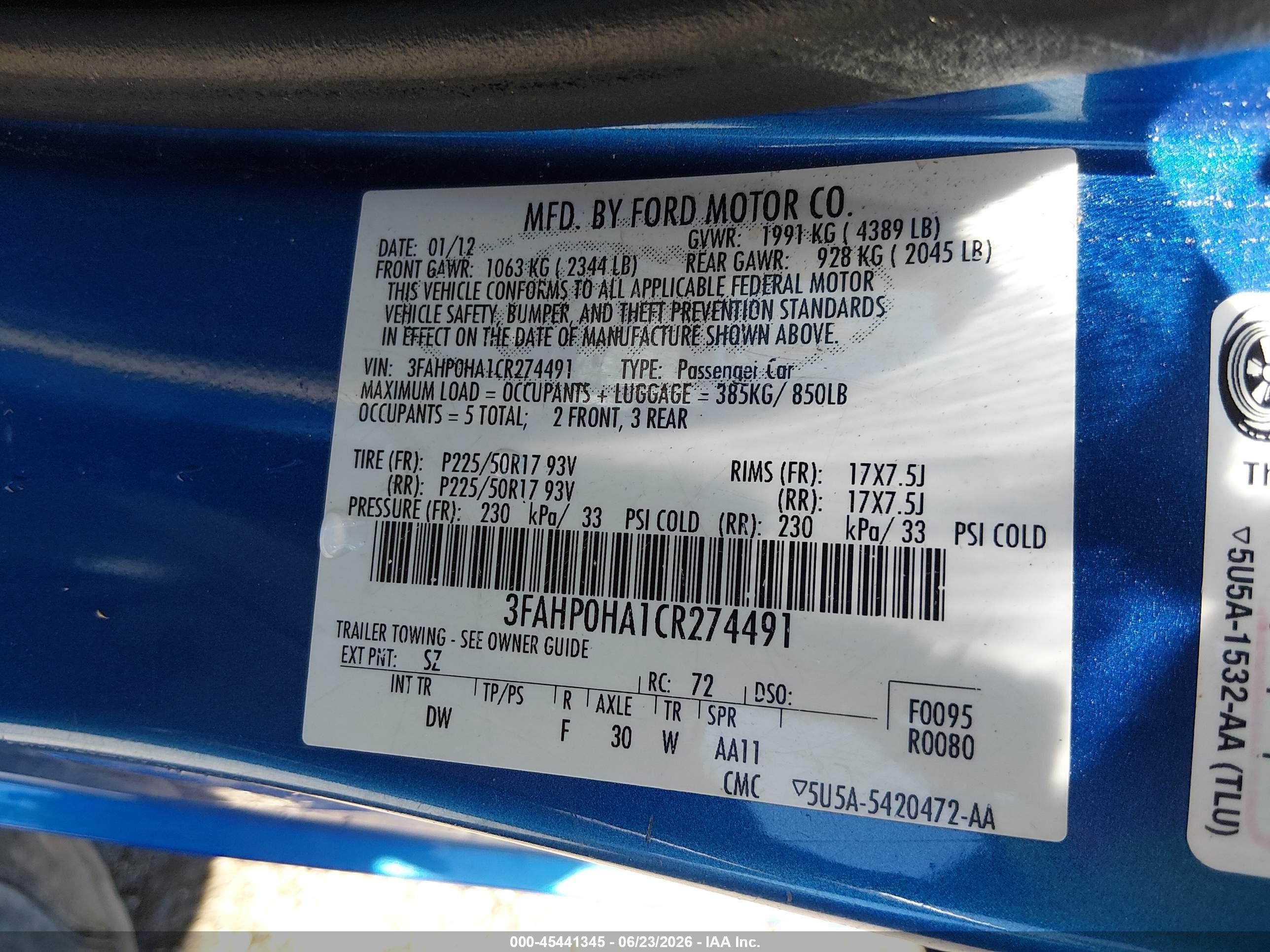 2012 Ford Fusion Se Blue vin: 3FAHP0HA1CR274491