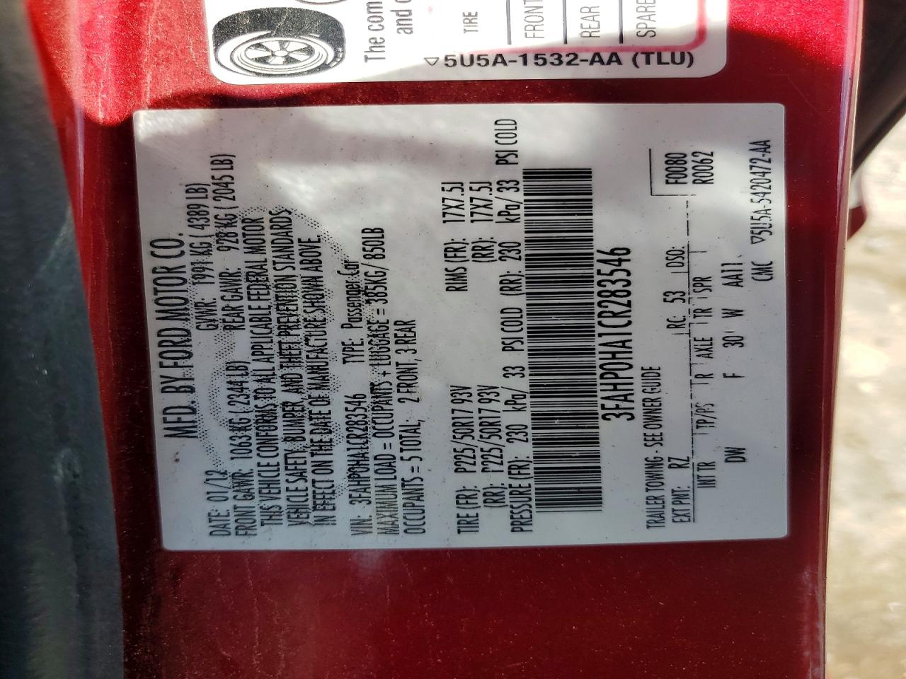 2012 Ford Fusion Se Red vin: 3FAHP0HA1CR283546
