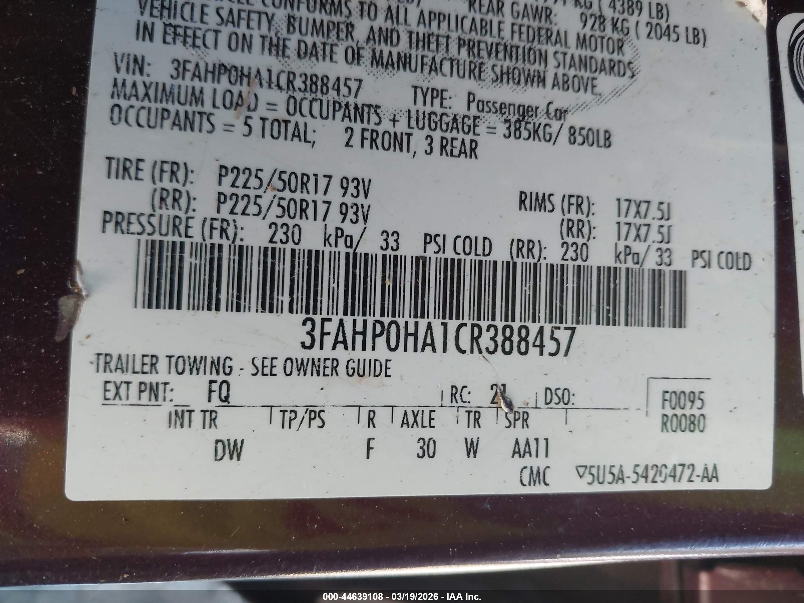2012 Ford Fusion Se Burgundy vin: 3FAHP0HA1CR388457