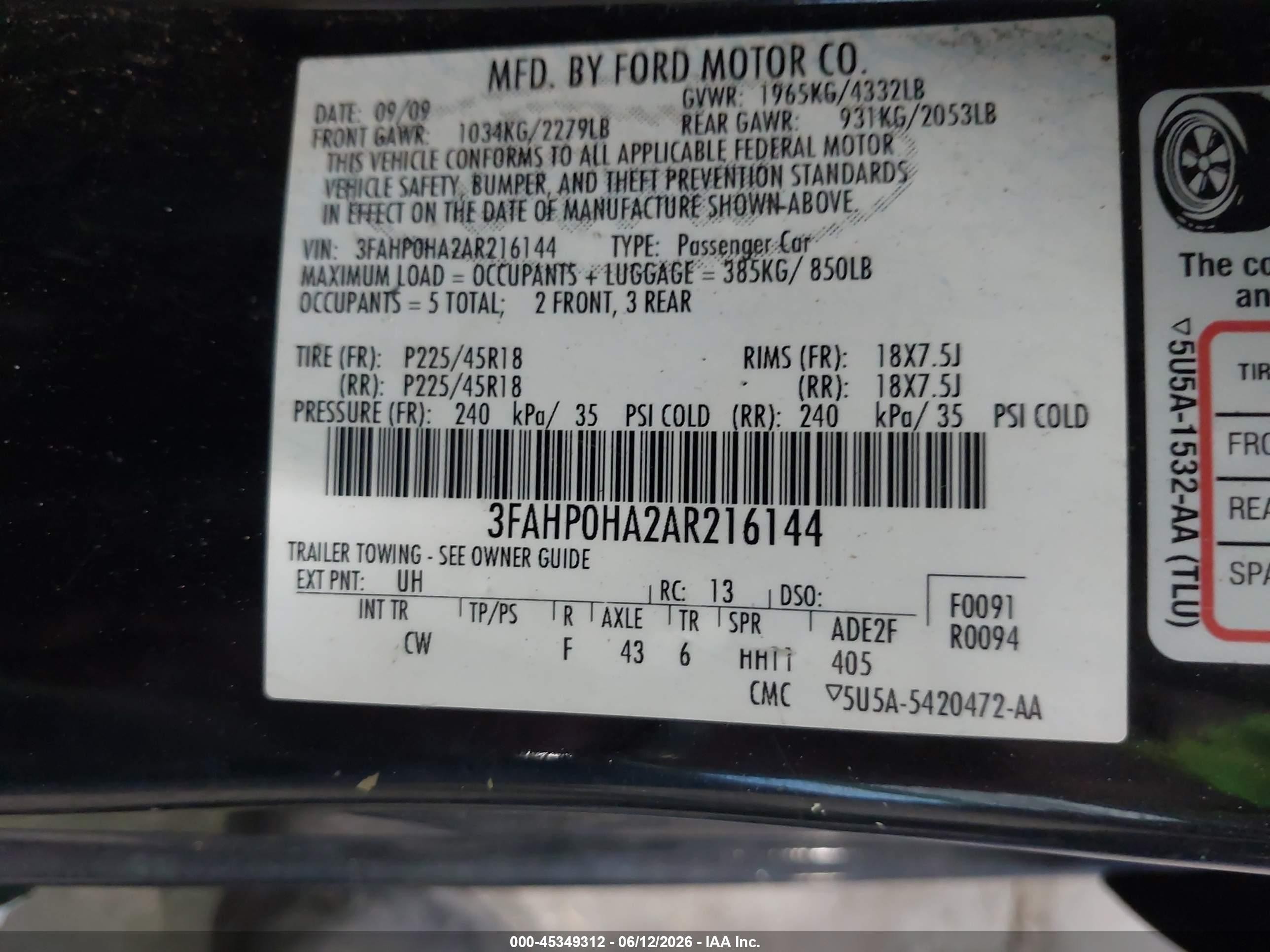 2010 Ford Fusion Se Black vin: 3FAHP0HA2AR216144