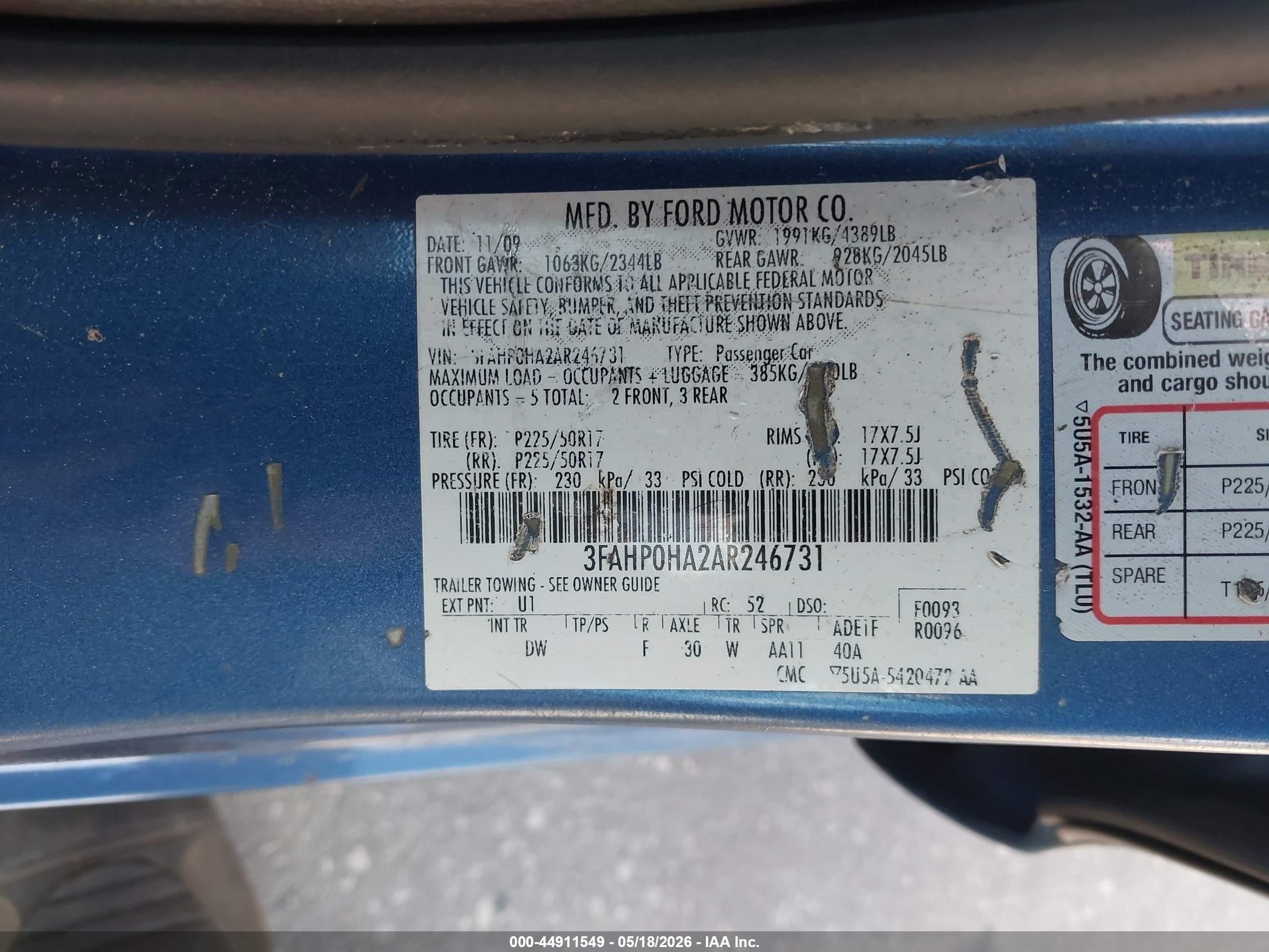 2010 Ford Fusion Se Blue vin: 3FAHP0HA2AR246731