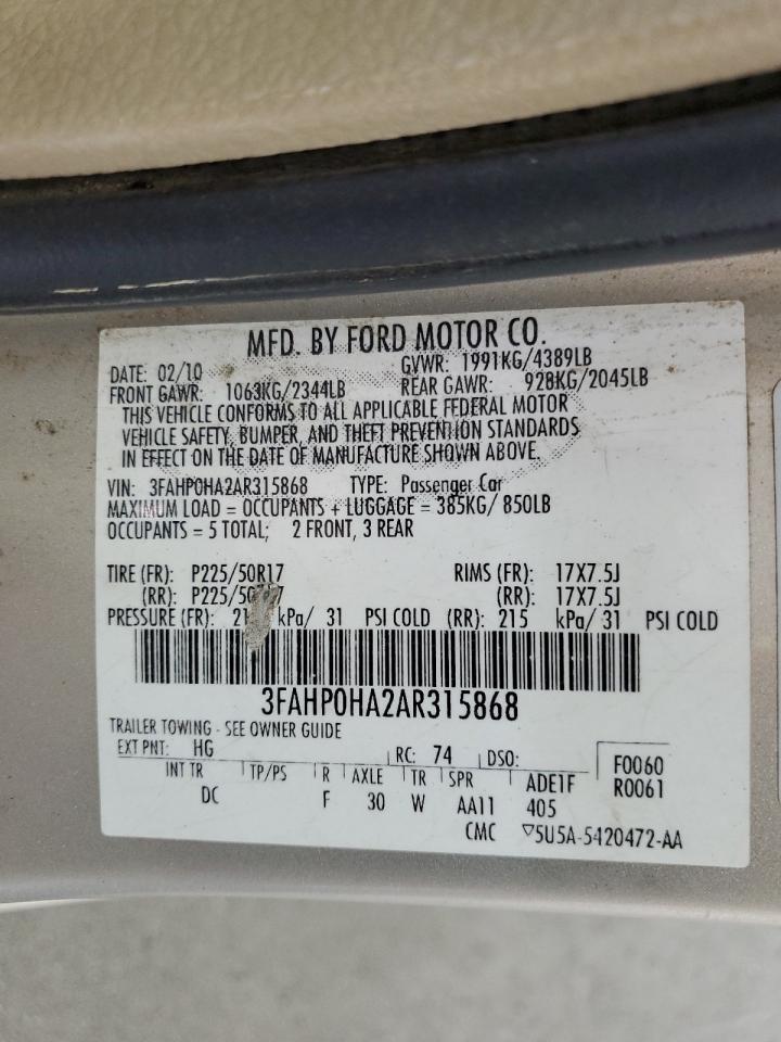 2010 Ford Fusion Se Silver vin: 3FAHP0HA2AR315868