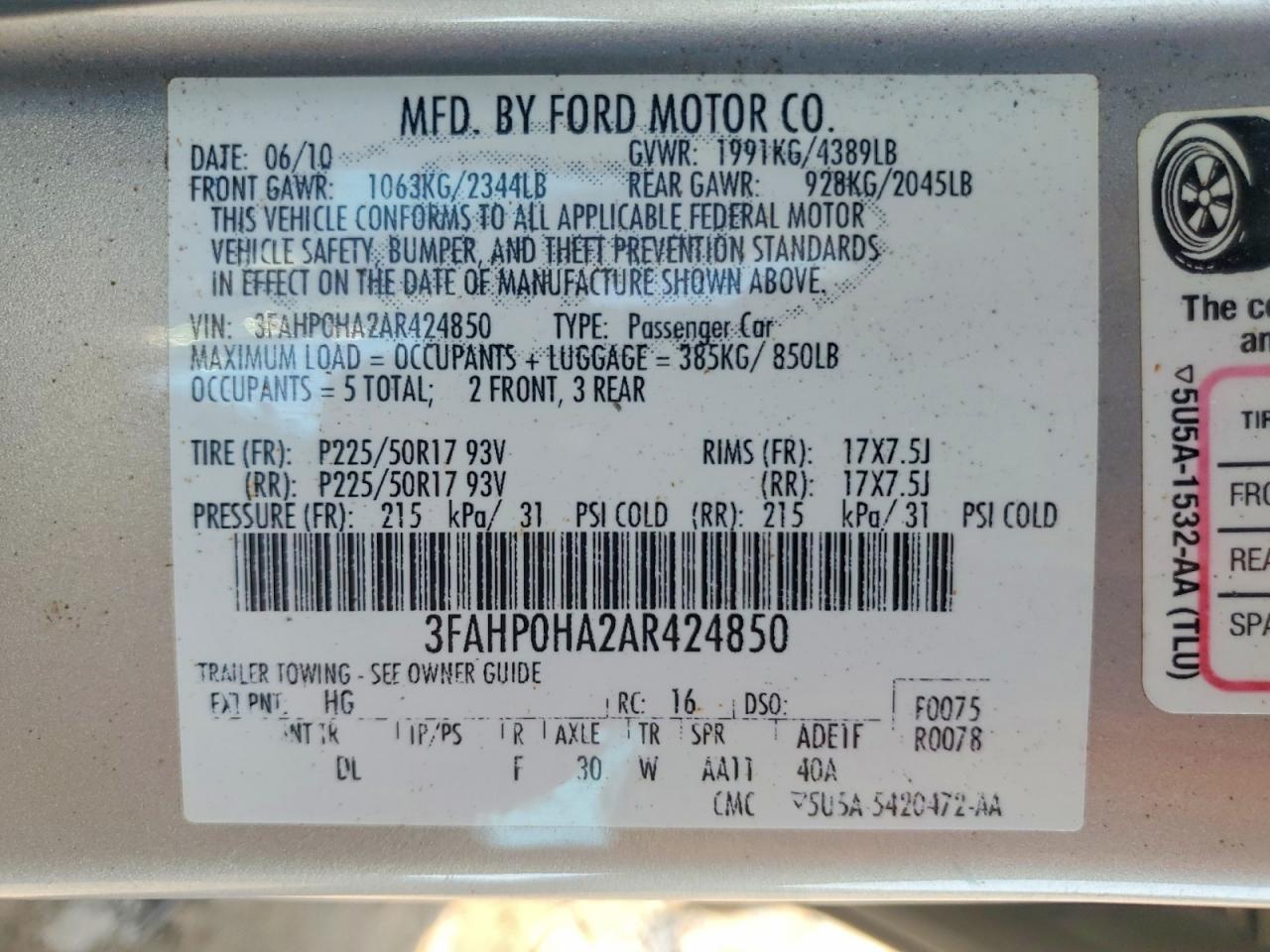 2010 Ford Fusion Se Tan vin: 3FAHP0HA2AR424850