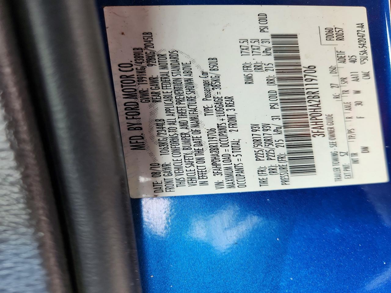 2011 Ford Fusion Se Blue vin: 3FAHP0HA2BR119706