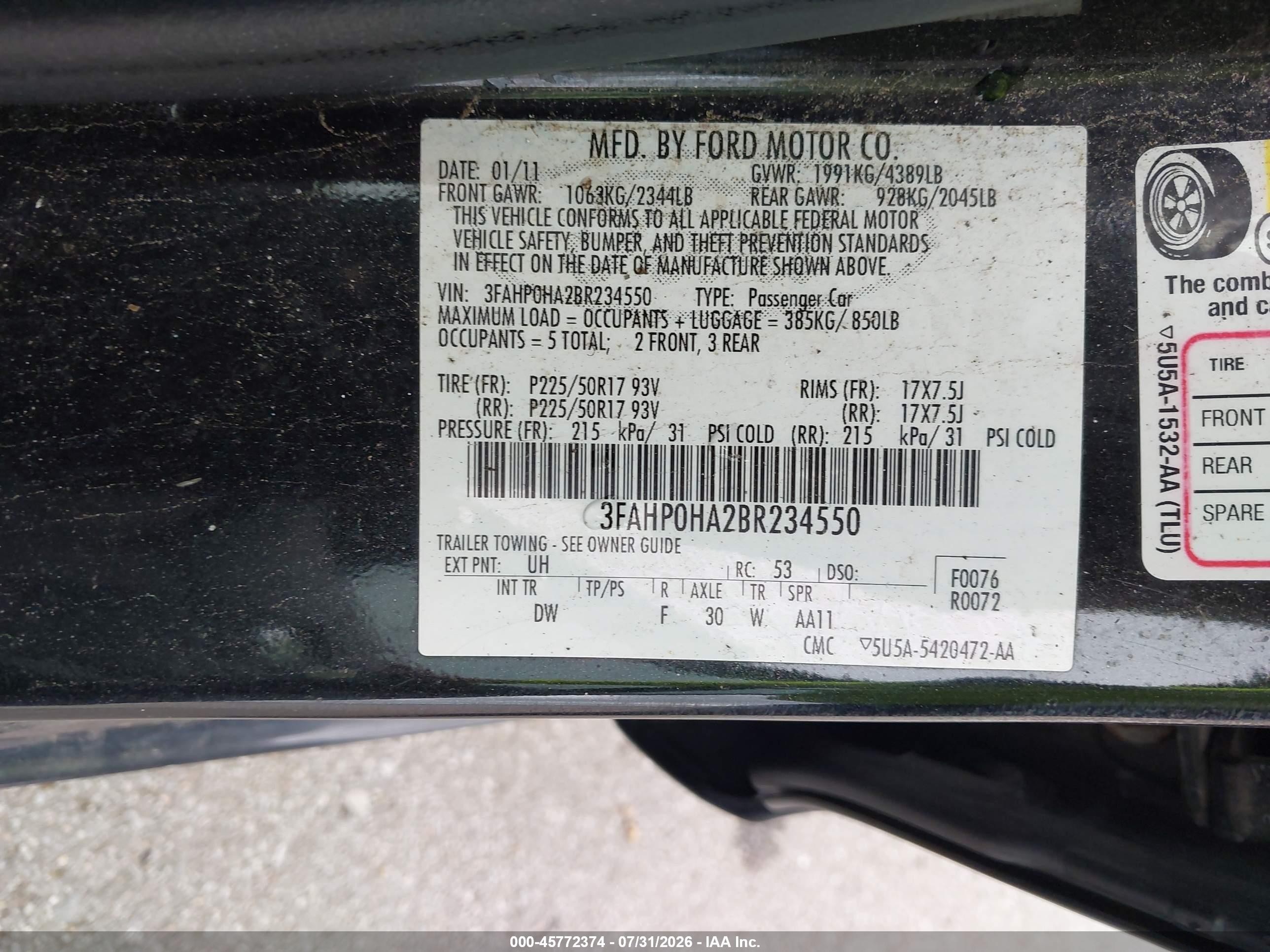 2011 Ford Fusion Se Black vin: 3FAHP0HA2BR234550