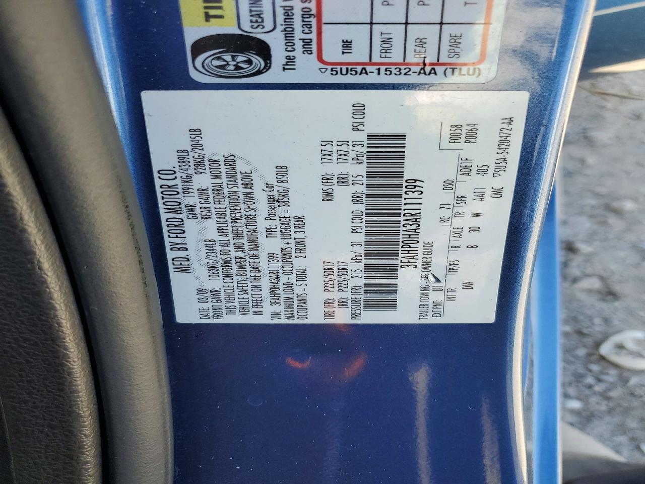 2010 Ford Fusion Se Blue vin: 3FAHP0HA3AR111399