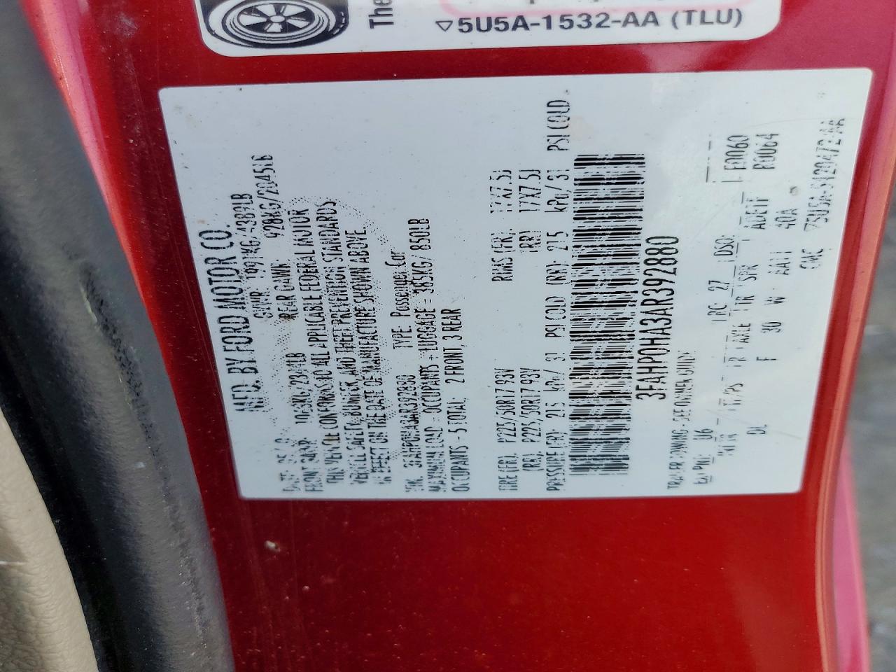 2010 Ford Fusion Se Red vin: 3FAHP0HA3AR392880