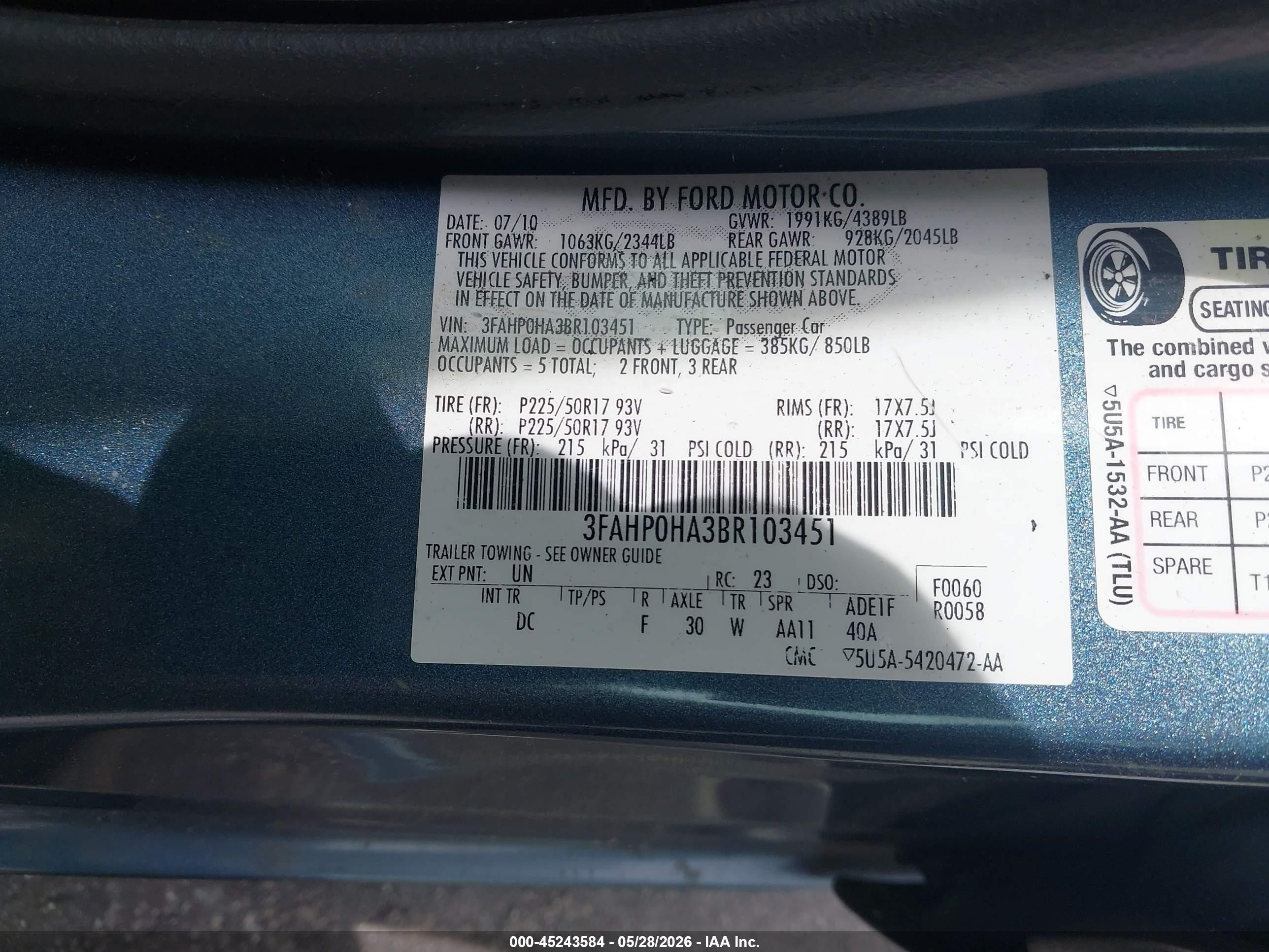2011 Ford Fusion Se Teal vin: 3FAHP0HA3BR103451