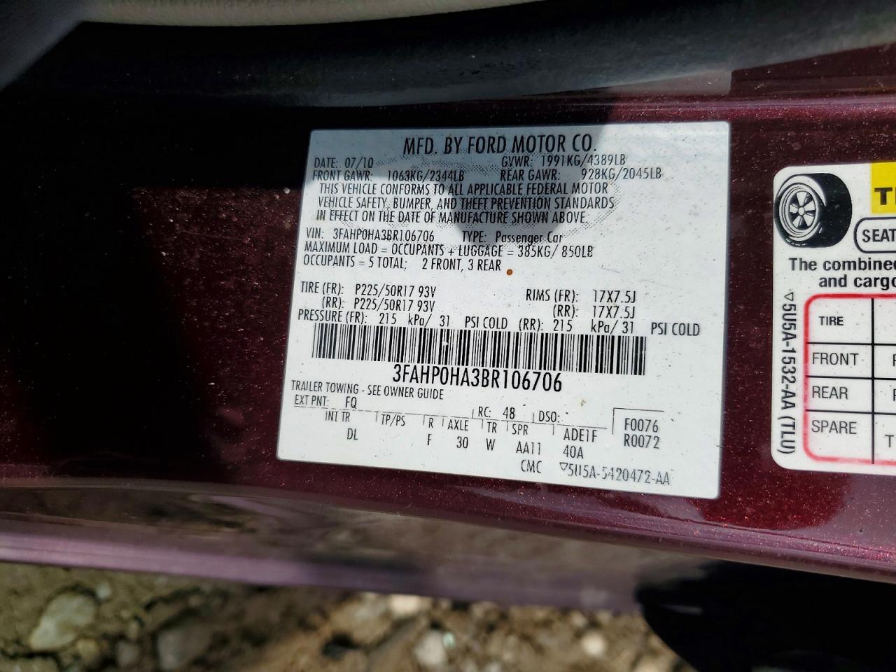 2011 Ford Fusion Se Purple vin: 3FAHP0HA3BR106706