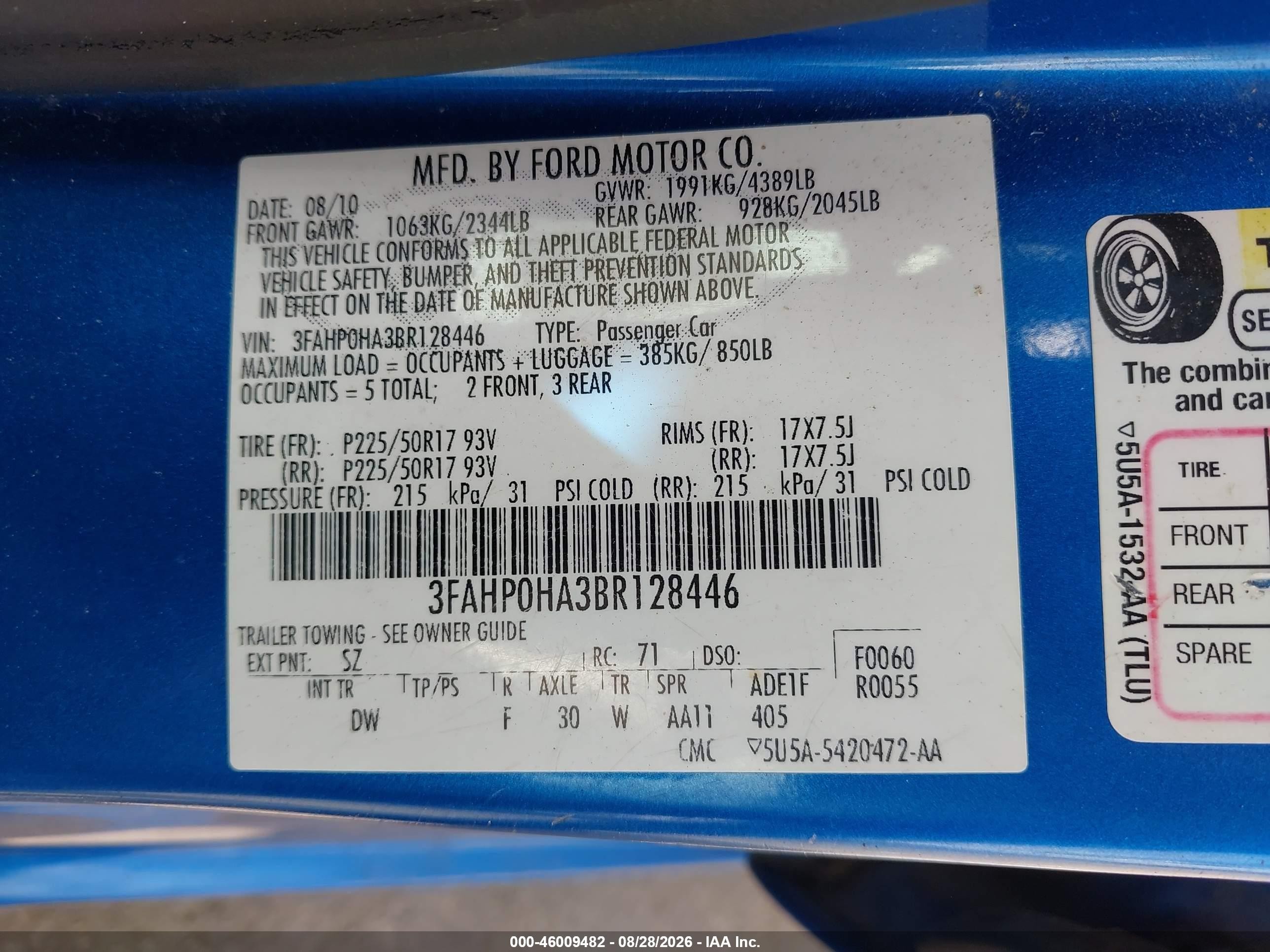 2011 Ford Fusion Se Blue vin: 3FAHP0HA3BR128446