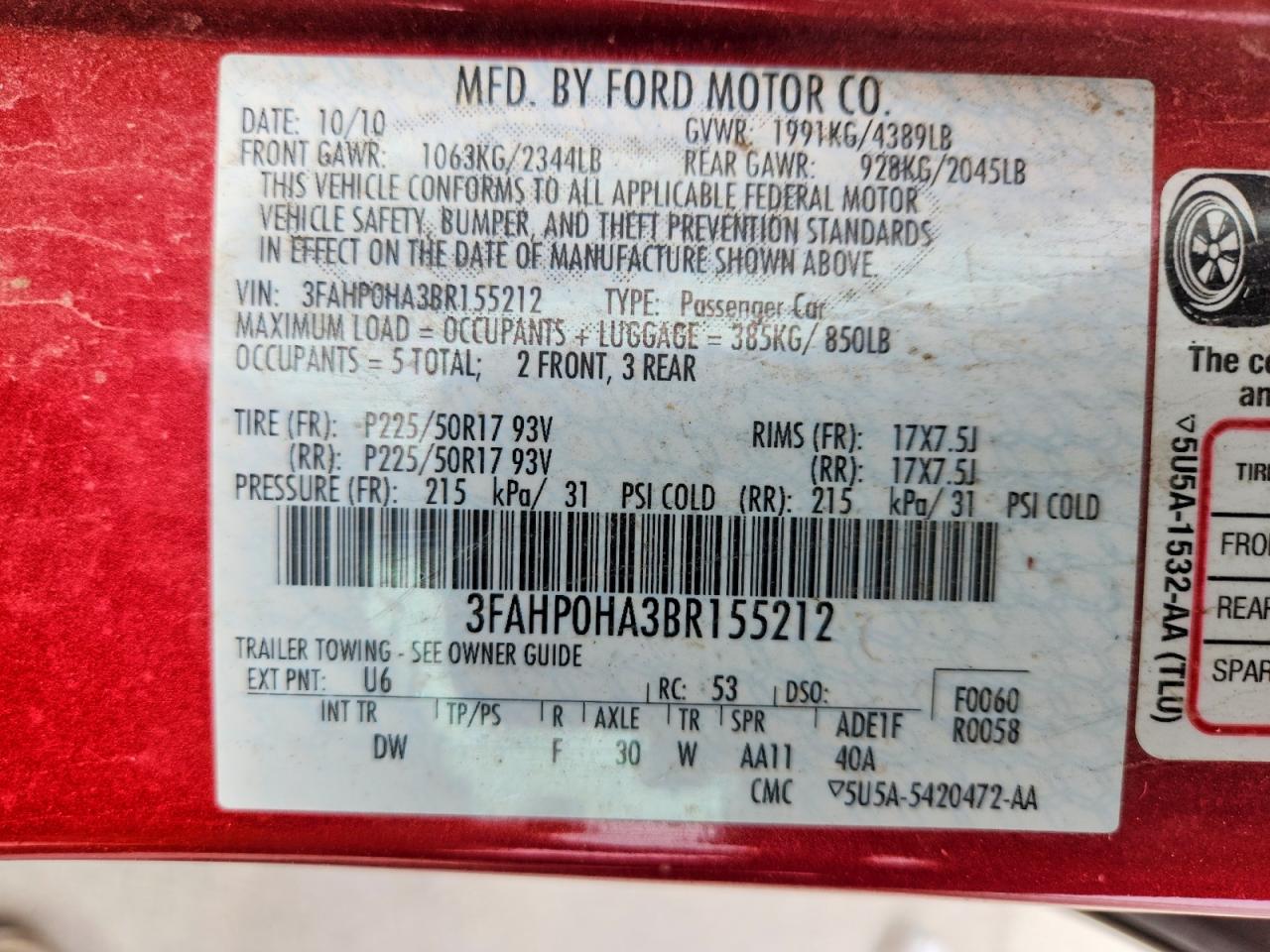 2011 Ford Fusion Se Red vin: 3FAHP0HA3BR155212